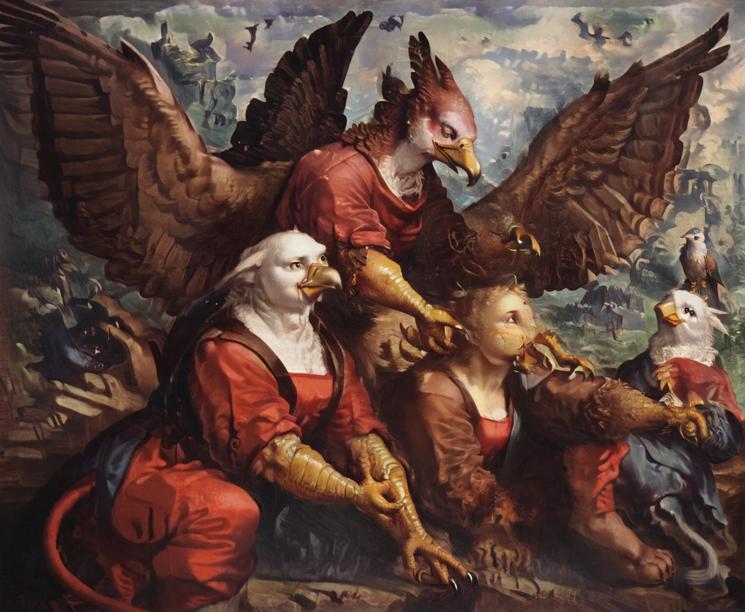 <lora:jan-van-hemessen_pony_v1:0.8>  ' Sophie_Walten ' by HemessenJanvan in 1536,genre painting \(genre\),Northern Renaissance \(style\), <lora:Gryphon:1> wings, bird, sky, beak, gryphon, griffin, score_9, score_6_up, score_7_up