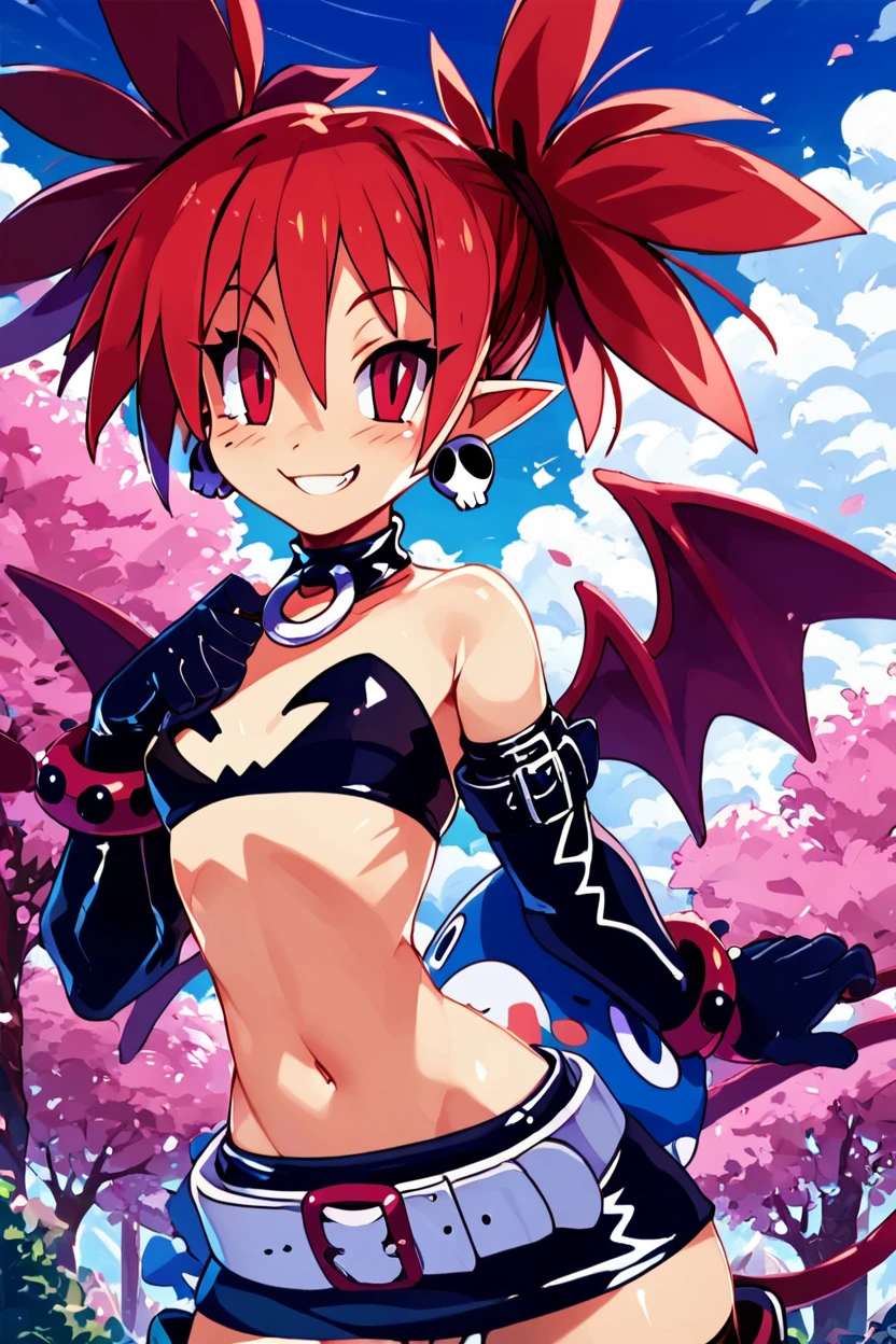 score_9, score_8_up, score_8, medium breasts, (curvy), cute, eyelashes,       BREAK, ,  zzEtna, red eyes, red hair, twintails, pointy ears, demon girl,   jewelry, earrings, choker, skull earrings, gloves, thighhighs, tail, wings, belt  <lora:Etna_Disgaea_PDXL:0.8>,  , BREAK, smile, looking at viewer, cowboy shot, ,,, outdoors, sky, day, cloud, tree, blue sky, sunny,  ,,, Expressiveh, ,,, <lora:Alola_Style_PDXL:0.8>, <lora:Expressive_H-000001:0.4>,