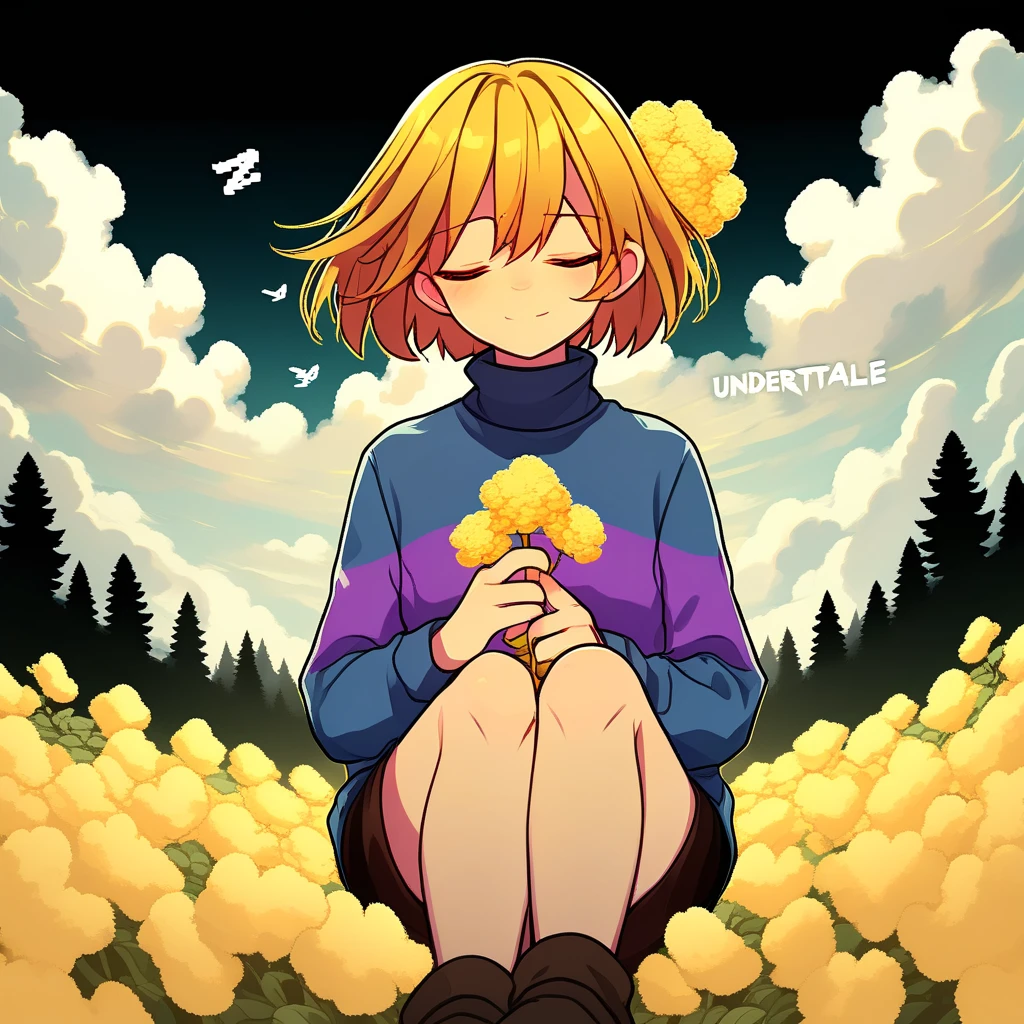 dark forest background, golden flower, holding flower, walk, text "UNDERTALE", cloudy sky, sitting, run, cloud