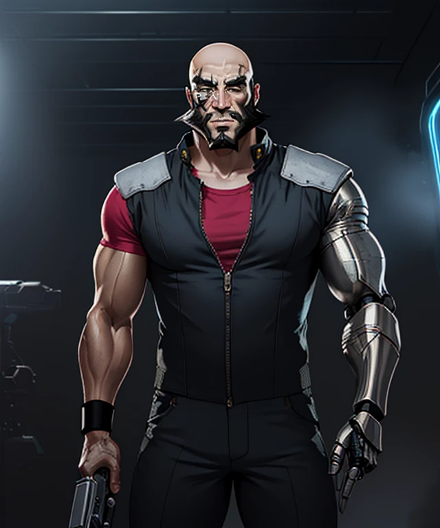 (masterpiece:1.2), best_quality, official_art, ultra_detailed, (jetblack:1.5), male focus, 1boy, facial hair, (beard:1.2), bald, black hair, muscular, (eye_scar:1.2), (metal_facial_mark:1.2), (cyborg:1.2), (prosthetic_arm:1.5), (single_metal_arm:1.5), armor, jumpsuit, (single_red_short_sleeve:1.2), (black_wristbands:1.2), holding_gun, (fog:1.2), (neon_lights:1.2), (sci-fi:1.5), (noir:1.2), (dramatic_lighting:1.2), (cowboy_shot:1.2), <lora:JetBlackV1:1>