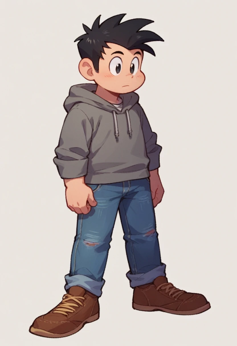 crispiano, solo black hair, 1boy, full body, male focus, shoes, pants, hood, black eyes, grey hoodie, brown footwear, denim, spiked hair, jeans