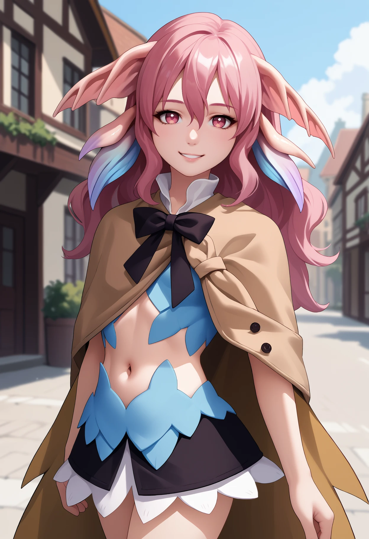 score_9, score_8_up, score_7_up, source_anime, <break> solo, 1girl, rf3pia, monster girl, smile, looking at you, standing, pink hair, head fins, pink eyes, brown cape, black bowtie, short dress, black skirt, midriff, navel, outdoors, town
<segment:yolo-face_yolov8m.pt,0.4,0.5//cid=1>