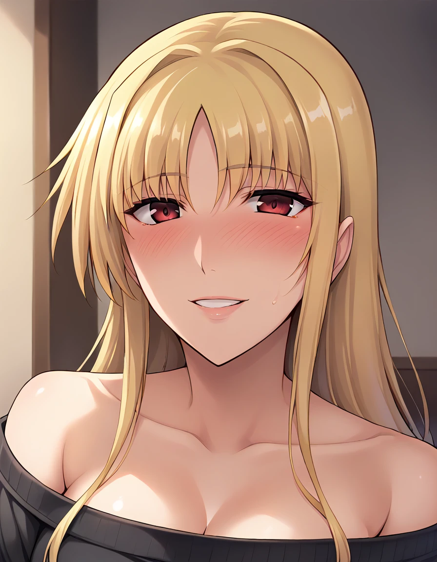 score_9, score_8_up, score_7_up,ishigaki takashi, fate testarossa, 1girl,  <lora:[pony]type-g_fate testarossa:1>,blonde hair, blush, long hair, 
BREAK
upper body, black sweater, off-shoulder sweater, looking at viewer, parted lips, smile, indoors,