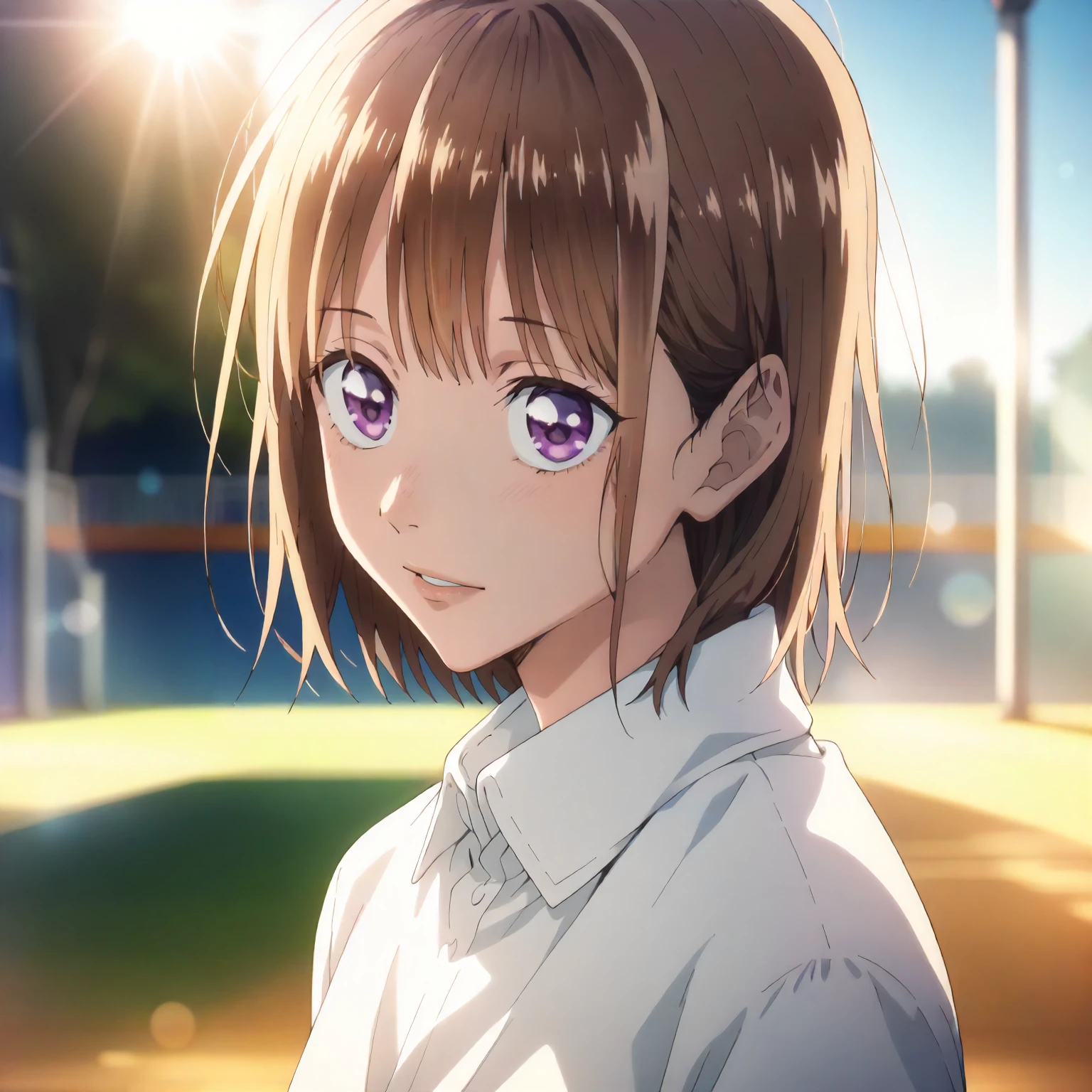 <lora:AnH_ChinatsuKanoXLpony001>,
outdoors,
parted lips,
solo,
ChinatsuKano,1girl,brown hair,medium hair,purple eyes,
white shirt,
lens_flare,blurred background,