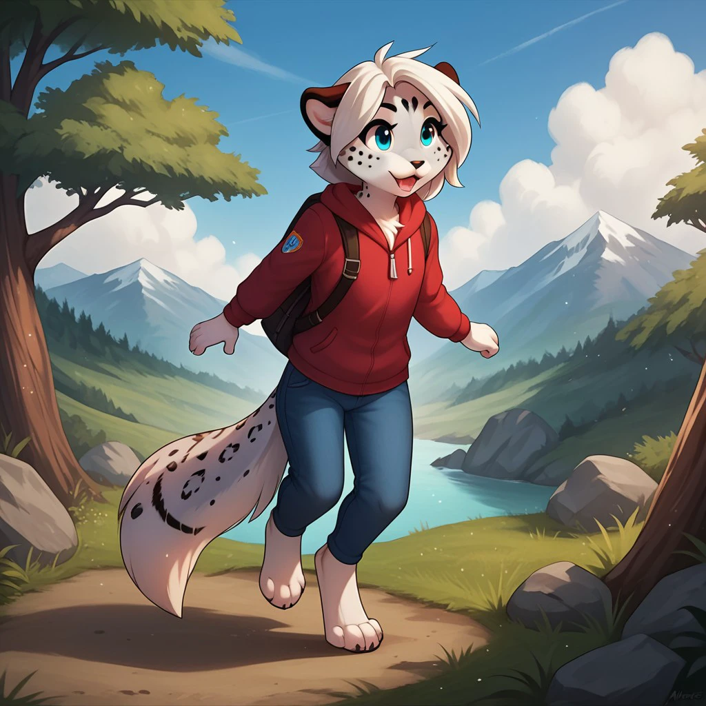 score_9, score_8_up, score_7_up, score_6_up, score_5_up, score_4_up, source_furry, maevetkv2, young anthro, female, snow leopard, blue eyes, grey fur, white hair, digitigrade, barefoot, in the forest, furry,flat chested,1girl,detailed fur, detailed background, outside, young anthro, digitigrade, barefoot,  two forehead spots,, <lora:33679502-2ae4-4787-94eb-4423783a7859:0.7>