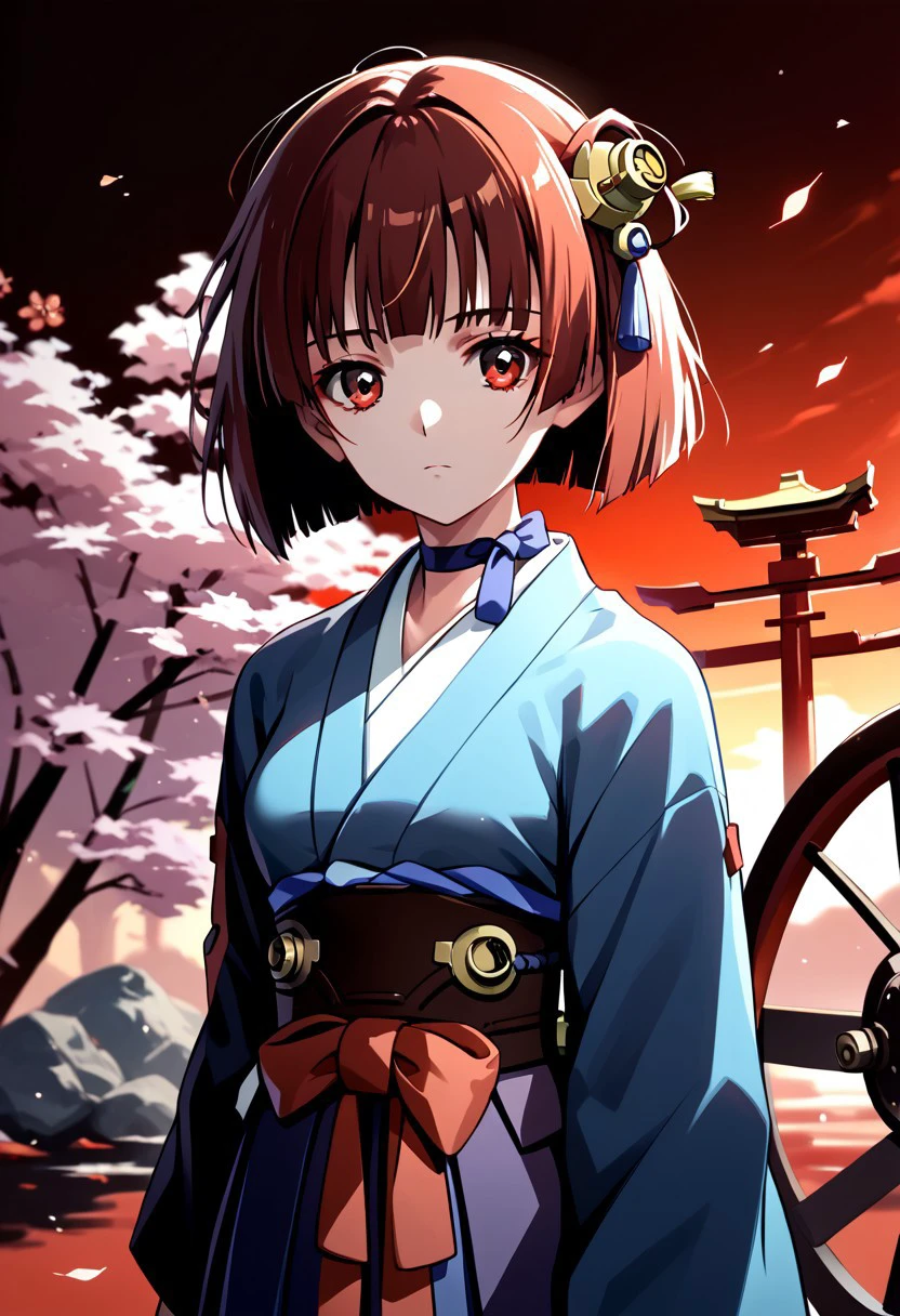 score_9,score_8_up,score_7_up,source_anime,MUMEI_(KABANERI),1girl,solo,looking at viewer,hair ornament,flower,japanese clothes,choker,kimono,expressionless,bob cut,hakama,hakama skirt,pinwheel,