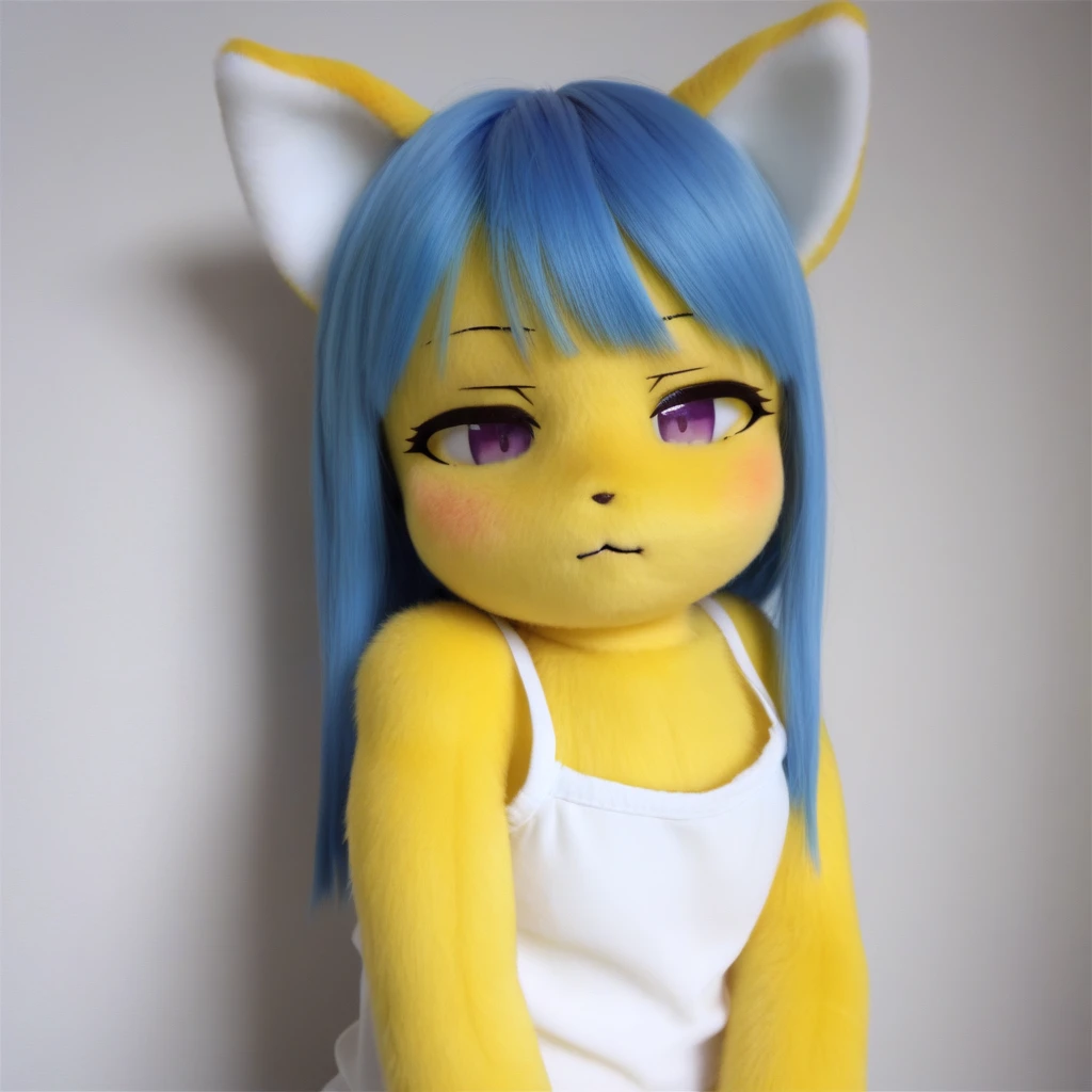 <lora:plush_SDXL:0.7>,realistic, blue hair, half-closed eyes, white camisole,  yellow skin, jitome, purple eyes, cat ears, :3, looking at viewer, no_nose, furry