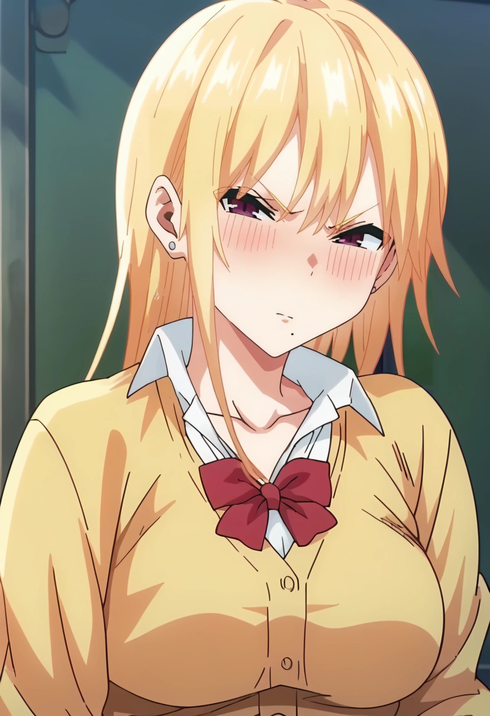 <lora:Haruka :0.9>Haruka,  1girl, blonde hair, jewelry, blush,  earrings, looking at viewer, long hair,solo, purple eyes, large breasts, mole under mouth,v-shaped eyebrows,     school uniform, cardigan, red bow, mole,white shirt,  collared shirt, red bowtie, score_9, score_7_up,anime coloring ,source_anime, anime, anime screencap