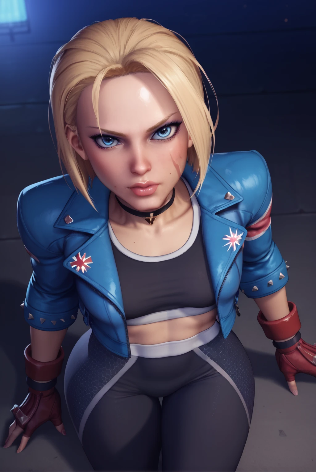 score_9, score_8_up, score_7_up, 1girl, realistic, looking at viewer, CammySF6, duckface, short hair, blue eyes, blonde hair, cammy white, scar on cheek, open jacket, black sports bra, black choker, blue jacket, cropped jacket, yoga pants, black leggings, union jack, red gloves, night street, from above