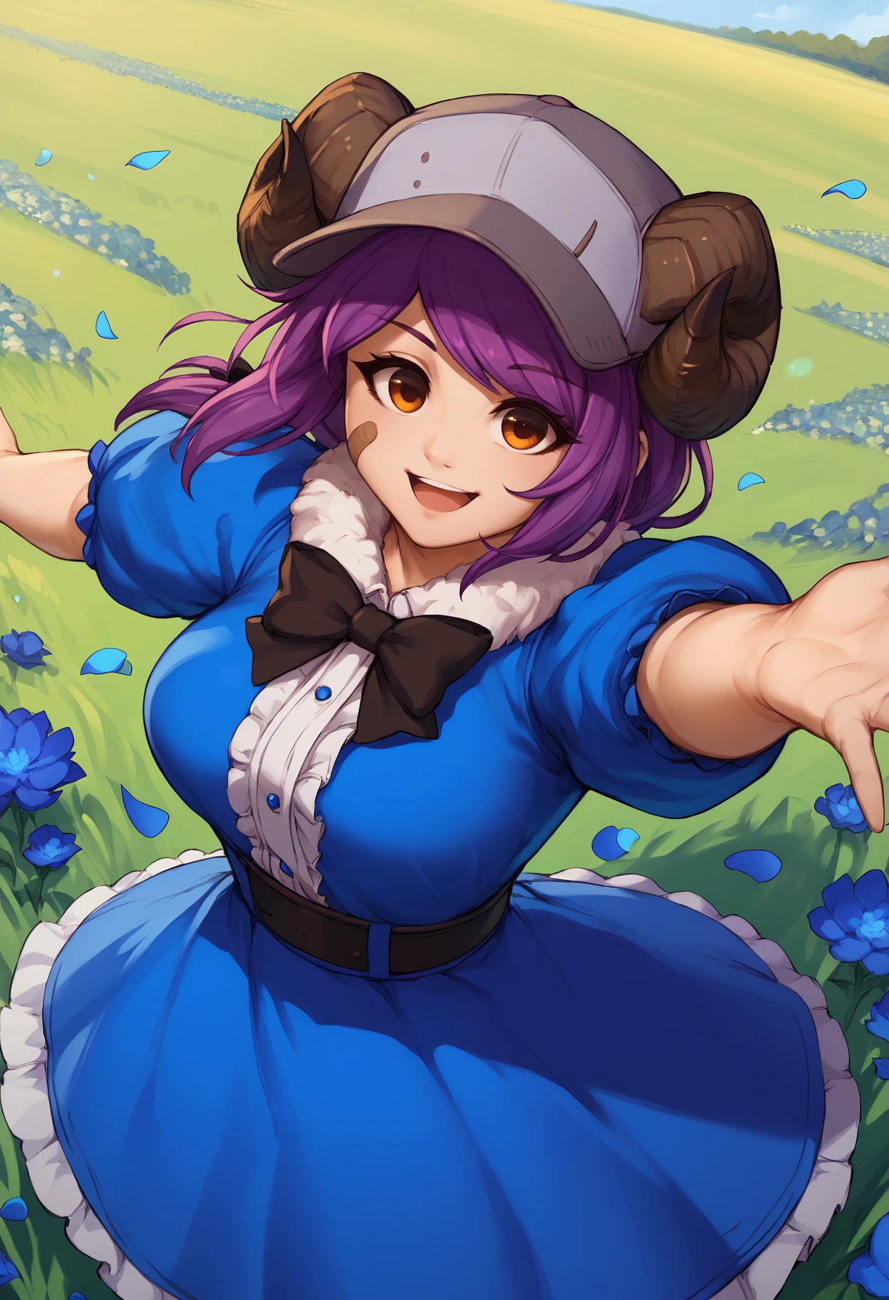 score_9, score_8_up, score_7_up, 1girl, leaairi, brown eyes, single bandaid on cheek, short hair, purple hair, low ponytail, hair ribbon, black ribbon, large breasts, fit, baseball cap, 
fur collar, neck tuft, blue dress, frills, puffy sleeves, ribbons, bowtie, goat horns, curled horns, 
looking at viewer, happy, open mouth, outstretched arms, 
outdoors, field, blue flowers, sunbeam, wind, blue petals, lens flare, from above, dutch angle, 
<lora:Leah-Airisubaka-PDXL_V2-Manityro-CAME:1.0>,