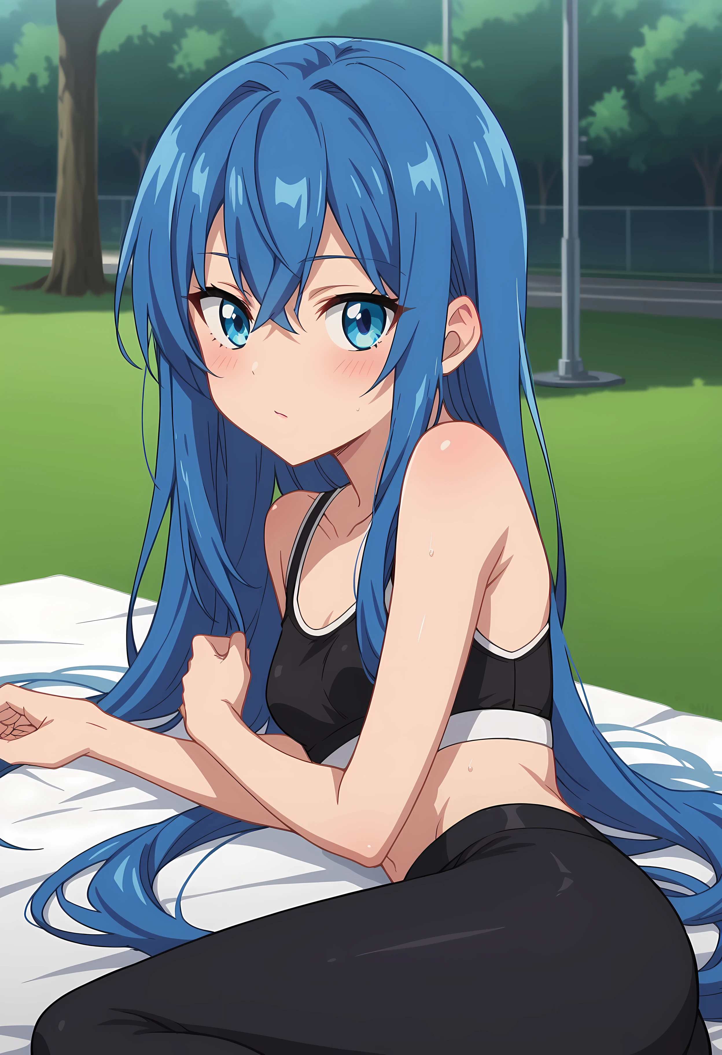 score_9, score_8_up, score_7_up, source_anime, 2d,
Astarte, 1girl, blue hair, very long hair, blue eyes, very small breasts, 
anime coloring, anime screencap, detailed eyes, zPDXL, perfect faces, uncensored, rating_explicit, <lora:astarte_0-000025:1>,
park, black yoga pants, sport bra, written, towel, lying, lying on side,