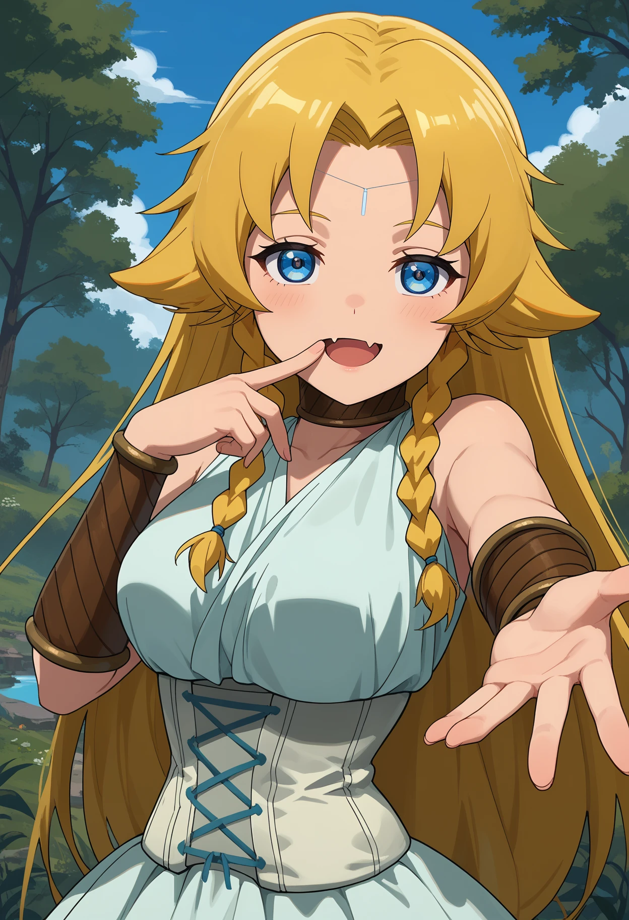 score_9, score_8_up,
<lora:SayounaraRyuusei_CelinaXL:0.9>, CelinaSRKJ,
1girl, open mouth, light smile, skin fang, half-closed eyes,
long hair, blonde hair, parted bangs, hair flaps, twin braids, blue eyes, circlet,
sleeveless dress, white dress, choker, corset, bracer,
finger to mouth, reaching towards viewer, looking at viewer,
outdoors, forest, blue sky,