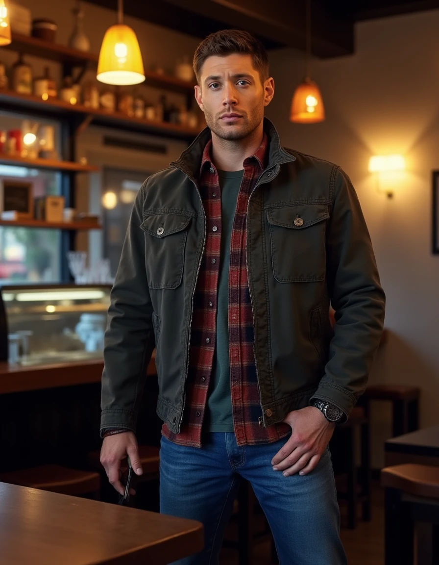 <lora:Dean_Winchester_Flux:1>  this is an image of a tall well built man wearing a jacket, flannel shirt,  jeans,  in a cafe looking at the viewer