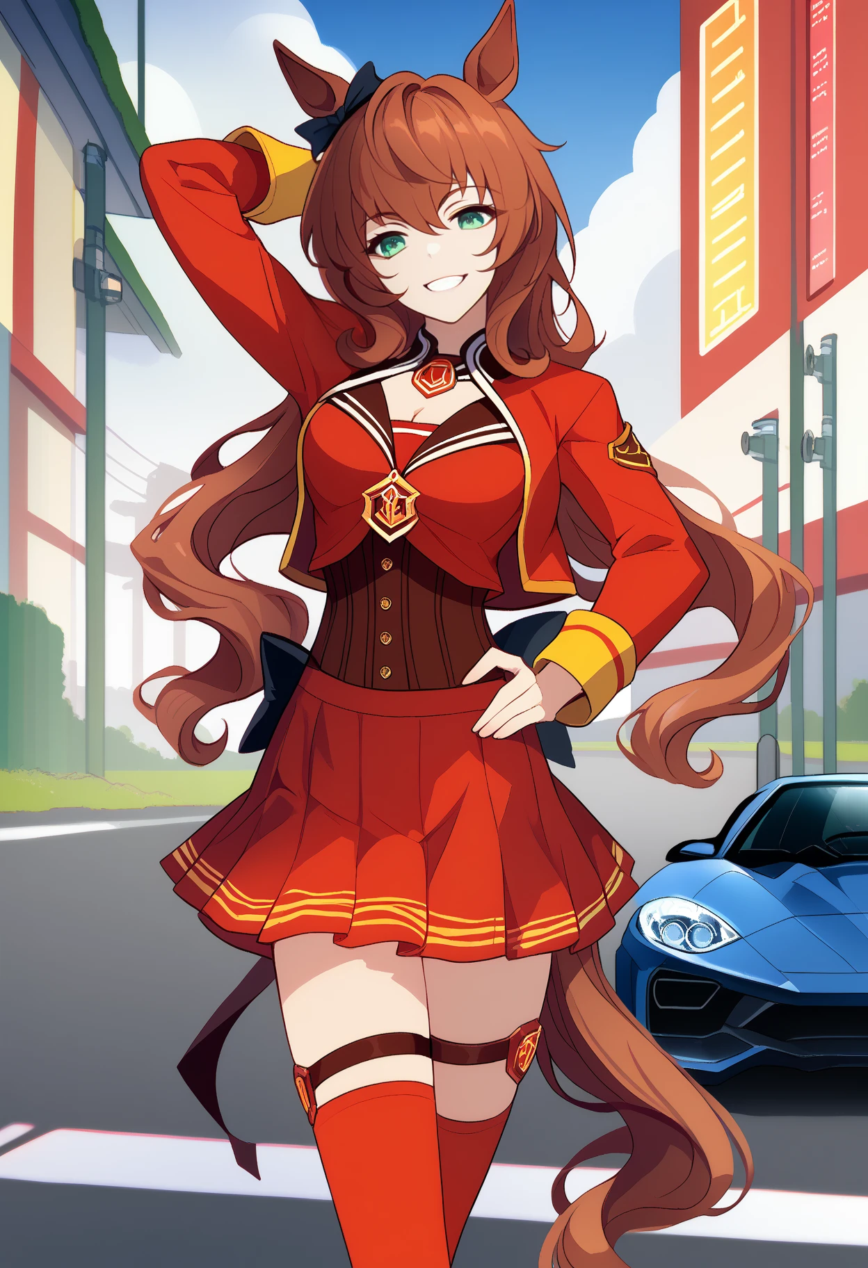 score_9, score_7_up, <break> solo, 1girl, maruzensky, grin, looking at you, standing, arm behind head, hand on own hip, hair bow, black bow, animal ears, ear bow, green eyes, red jacket, cropped jacket, long sleeves, red shirt, black sailor collar, corset, red skirt, thigh strap, red thighhighs, horse tail, cleavage, outdoors, ground vehicle, lamborghini
 <segment:yolo-face_yolov8m.pt,0.4,0.5//cid=1>