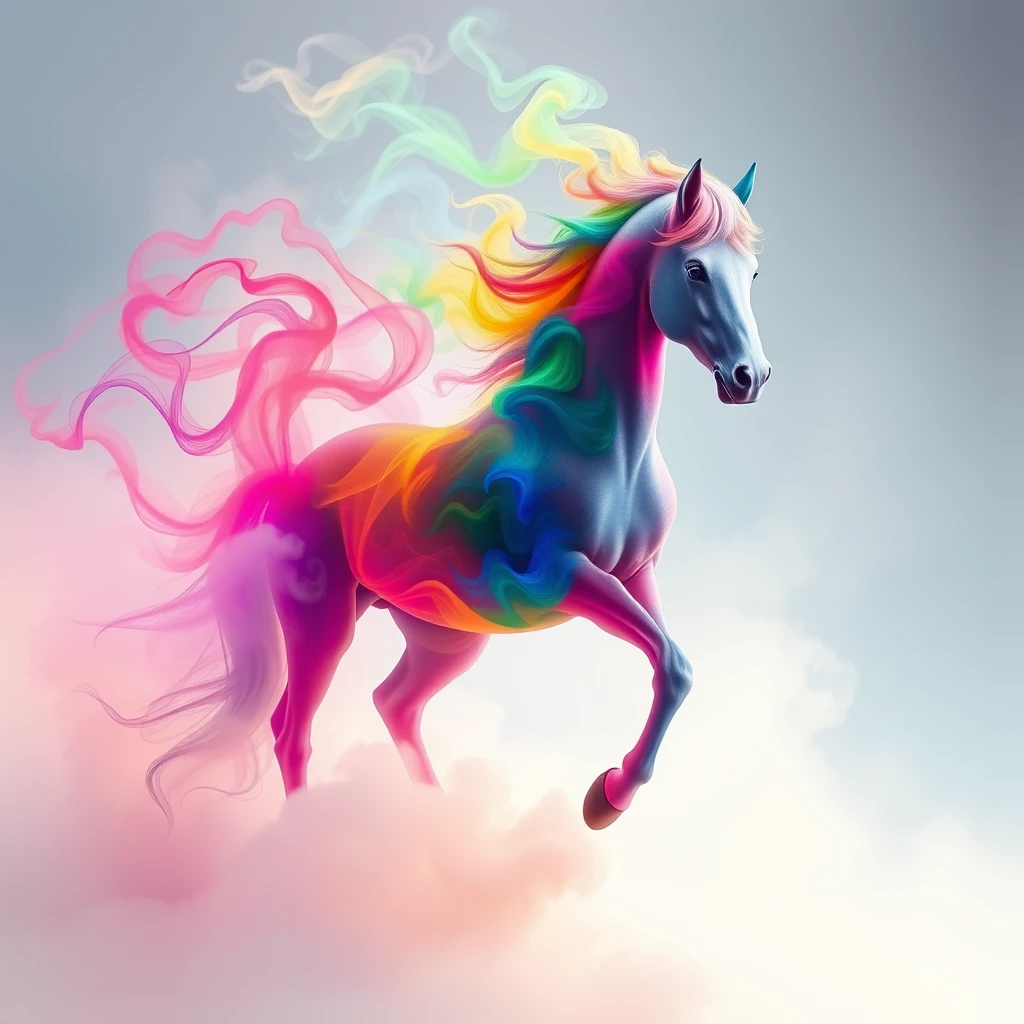 A vibrant, swirling vortex of multicolored smoke begins to take shape, morphing into the majestic form of a horse, with tendrils of misty color dancing around its ethereal mane and tail, set against a soft, dreamy background.