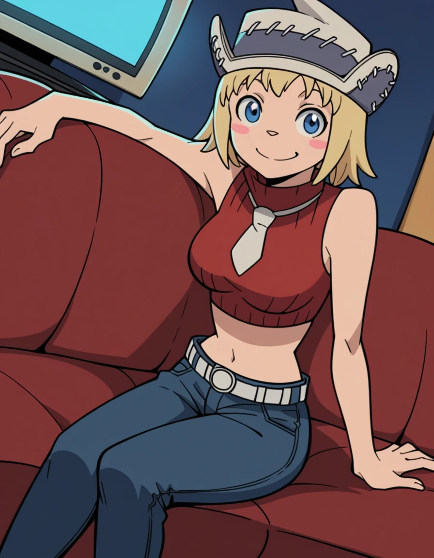 score_9, score_8_up, score_7_up, source_anime, <lora:patricia-thompson-s1-ponyxl-lora-nochekaiser:1>, patricia thompson, short hair, blue eyes, blonde hair, blush sticker, medium breasts,, hat, bare shoulders, jewelry, necktie, sleeveless, midriff, crop top, turtleneck, sleeveless turtleneck, pants, denim, belt, living room, television, couch, popcorn, watching movie, night time, sitting,, smile, looking at viewer, smug, solo,, cowboy shot, dutch angle,