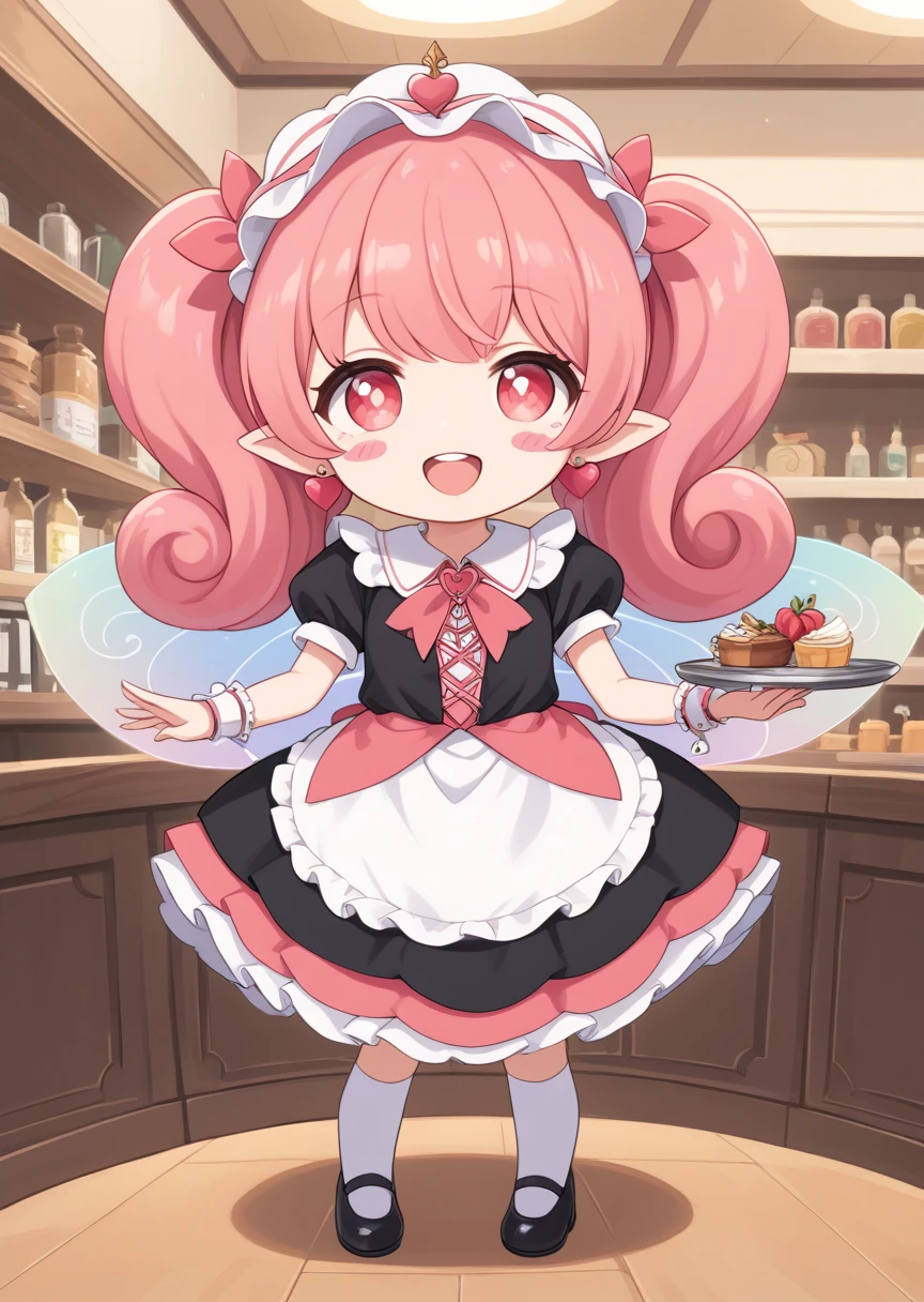 score_9, score_8_up, score_7_up, score_6_up, score_5_up, BREAK
lip, human, female,, 1girl, solo, pink hair, flower, fairy, earrings, open mouth, fairy wings, wings, jewelry, blush stickers, smile, pointy ears, heart earrings, long hair, bangs, red eyes, :d, heart, pink eyes, bright pupils, teeth, , blush, upper teeth only, twin tails, key_necklace, full body, dynamic pose, curly hair, rating_safe, tulip
maid outfit, maid headdress, tray, chibi, cafe