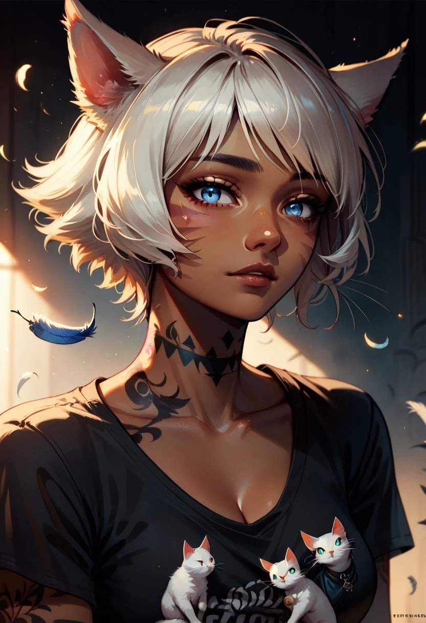 safe_pos, Havoc and Disorder, 1girl, solo, looking at viewer, short hair, blue eyes, animal ears, cleavage, medium breasts, upper body, flower, white hair, cat ears, dark skin, dark-skinned female, lips, grey eyes, tattoo, facial mark, feathers, t-shirt, whisker markings, miqo'te, neck tattoo, score_9, score_8_up, score_7_up, score_6_up, score_5_up, score_4_up,