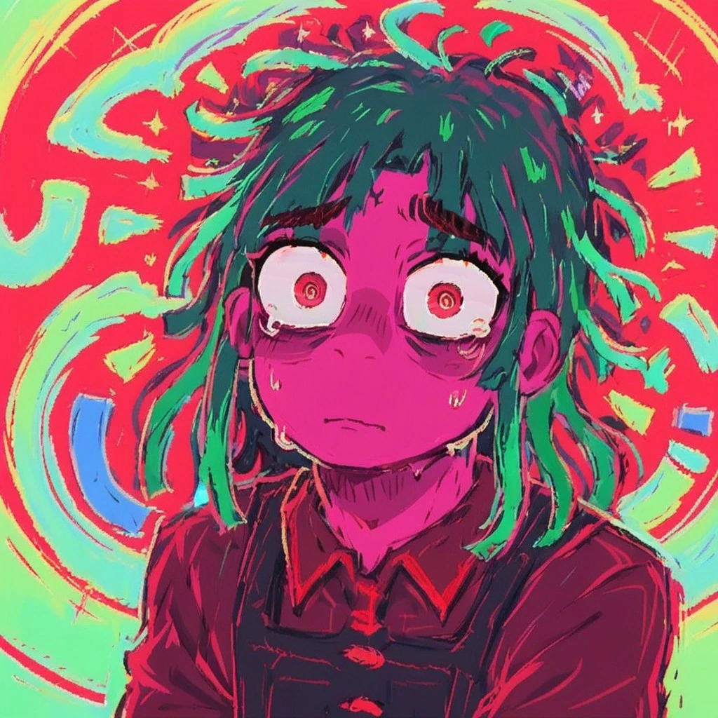 ,3yestrain, bright colors, 1 boy, bright red background, pink skin, green hair, wide eyes, male focus, solo