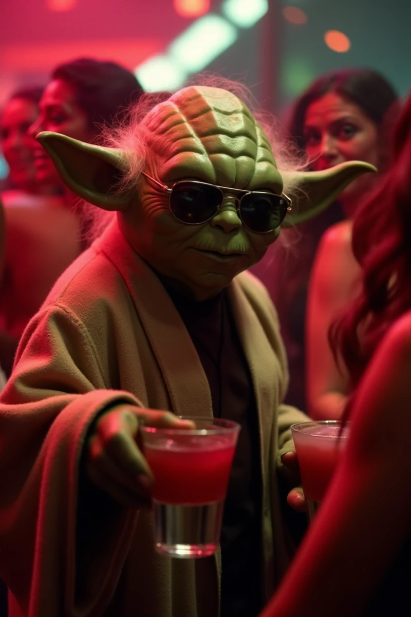 yoda wears sunglasses and having a cocktail surrounded by sexy women in a nightclub  <lora:Yoda:0.9>