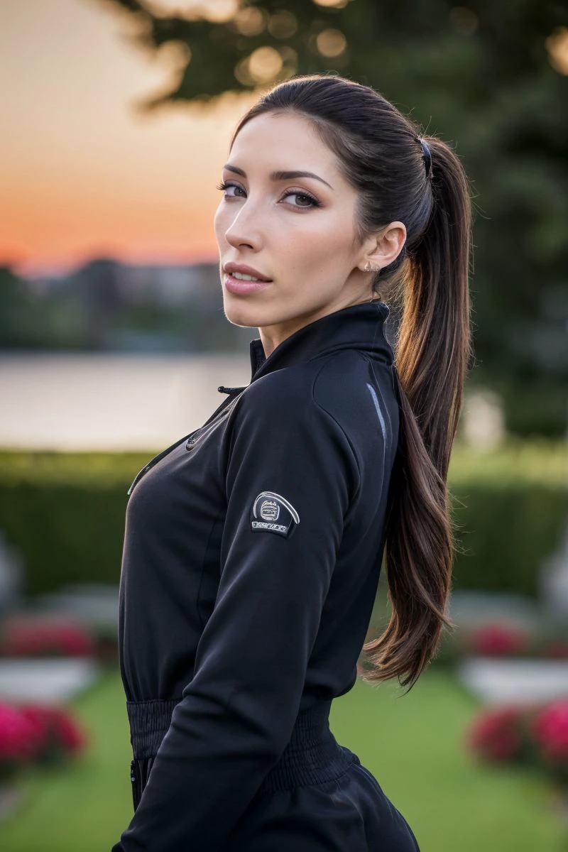 photo of S554_CleaGaultier,a beautiful woman,in a (garden:1.1),wearing a (tracksuit),(sunset),(ponytail),(4k, RAW photo, best quality, 50mm, depth of field, ultra high res:1.1),(intricate, photorealistic, cinematic-shot, masterpiece, ultra-detailed:1.1),