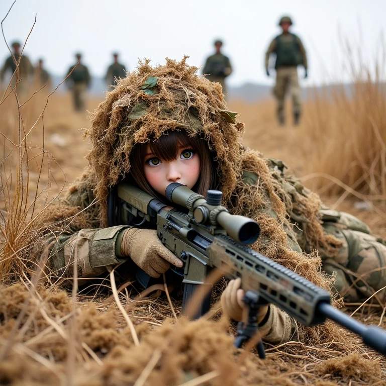 GhillieSuit,
In a field of dense, wild vegetation that mirrors the texture and color of her expertly camouflaged ghillie suit, a young sniper lays low, barely distinguishable from the surrounding plant life. Her ghillie suit is made from layers of earthy brown and green material, matching the dry, rugged terrain around her. The plants are scraggly and uneven, resembling the strands of burlap and foliage that cover her body, making her appear as just another part of the field. The suitâs fibers and tangled leaves blend seamlessly with the natural surroundings, providing her perfect concealment.
Her sharp, focused eyes peer through the scope of her sniper rifle, which is similarly camouflaged, its long barrel wrapped in matching material to prevent detection. In the distance, a group of soldiers patrols, unaware of her hidden presence. There are more soldiers now, spread out across the field, their boots rustling the dry plants as they move cautiously. They walk directly past her, some almost stepping over her camouflaged form, but the resemblance between her ghillie suit and the tangled vegetation shields her from their view.
The landscape is quiet, save for the muffled sound of boots and gear, and the wind gently moving the plants. The tension is high, but her breathing is slow and steady, her training ensuring she remains motionless as the threat passes by. The wild, untamed plantsânearly indistinguishable from her suitâfurther help mask her position as she waits patiently for the right moment to move.
In this scene, she is a ghost in the field, fully blending into the chaotic web of natural and artificial cover, while soldiers tread unknowingly just inches away. The combination of matching camouflage, tense anticipation, and her calm precision creates a sense of heightened danger and masterful stealth in this battlefield setting.
, <lora:Ghillie_suit_clothing_flux:0.8>,