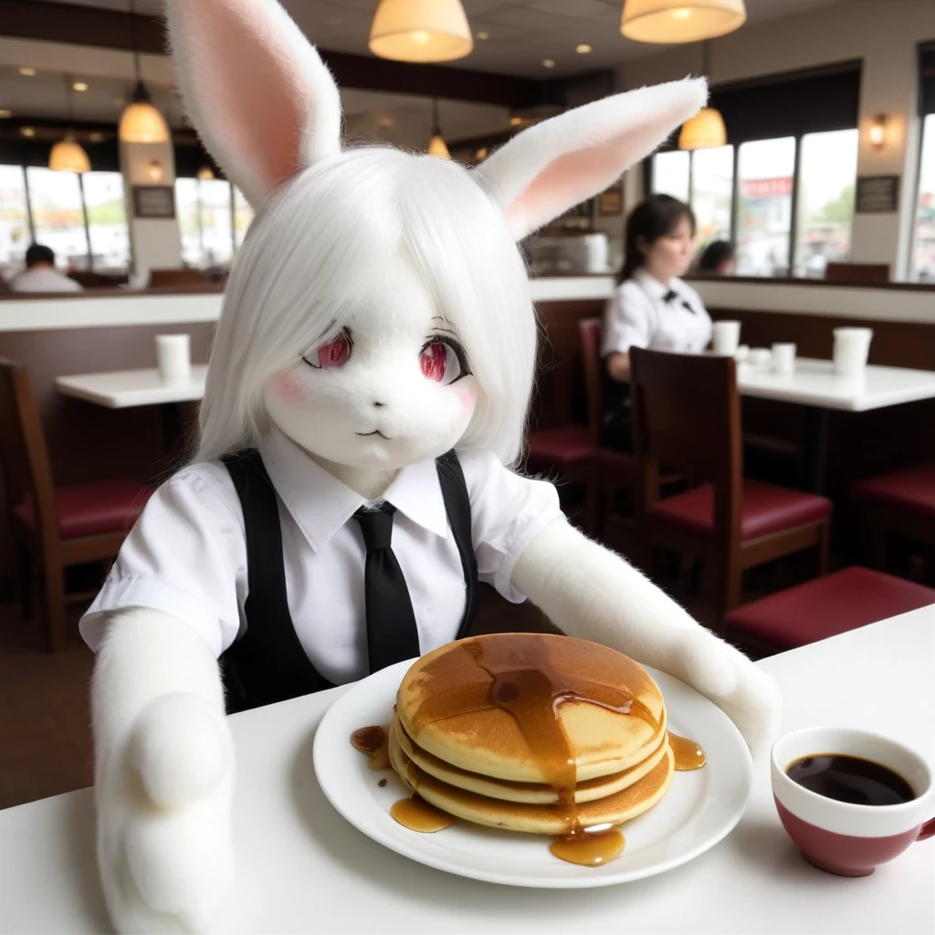 <lora:plush_SDXL:0.7>,realistic, white hair, tie, white skin, waitress, :3, looking at viewer, no_nose, furry, indoors, restaurant, plate, coffee, pancake, rabbit ears,