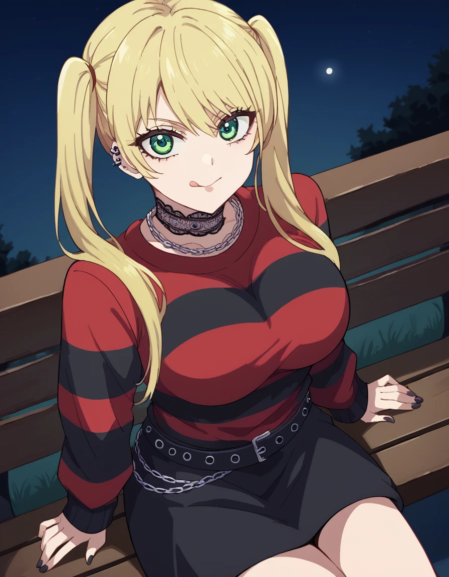 score_9, score_8_up, score_7_up, source_anime, <lora:rika-hoshizaki-s2-ponyxl-lora-nochekaiser:1>, rika hoshizaki, green eyes, blonde hair, twintails, large breasts,, <lora:emo-fashion-ponyxl-lora-nochekaiser:1>, emo fashion, torn sweater, two-tone sweater, sweater under shirt, striped sweater, lace-trimmed choker, belt chain, red sweater, black sweater, goth fashion, street, night, moon, sitting, bench, from above, tongue out, cowboy shot, looking at viewer