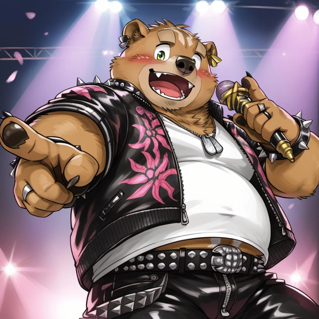 gabu,bear boy,furry,green eyes,brown fur,score_9_up,score_8_up,source_furry,male focus,plump,<lora:Gabu-000020:0.8>,(perfectly detailed, detailed face, detailed eyes, beautiful eyes),microphone,furry,holding microphone,1boy,male focus,jewelry,furry male,green eyes,ring,holding,thick eyebrows,animal ears,brown fur,leather jacket,solo,leather,bear ears,fangs,jacket,plump,multiple rings,spotlight,bracelet,blush,open mouth,muscular male,belly,earrings,animal nose,belt,smile,necklace,zipper,pectorals,pants,bara,pointing,dog tags,spiked bracelet,looking at viewer,muscular,