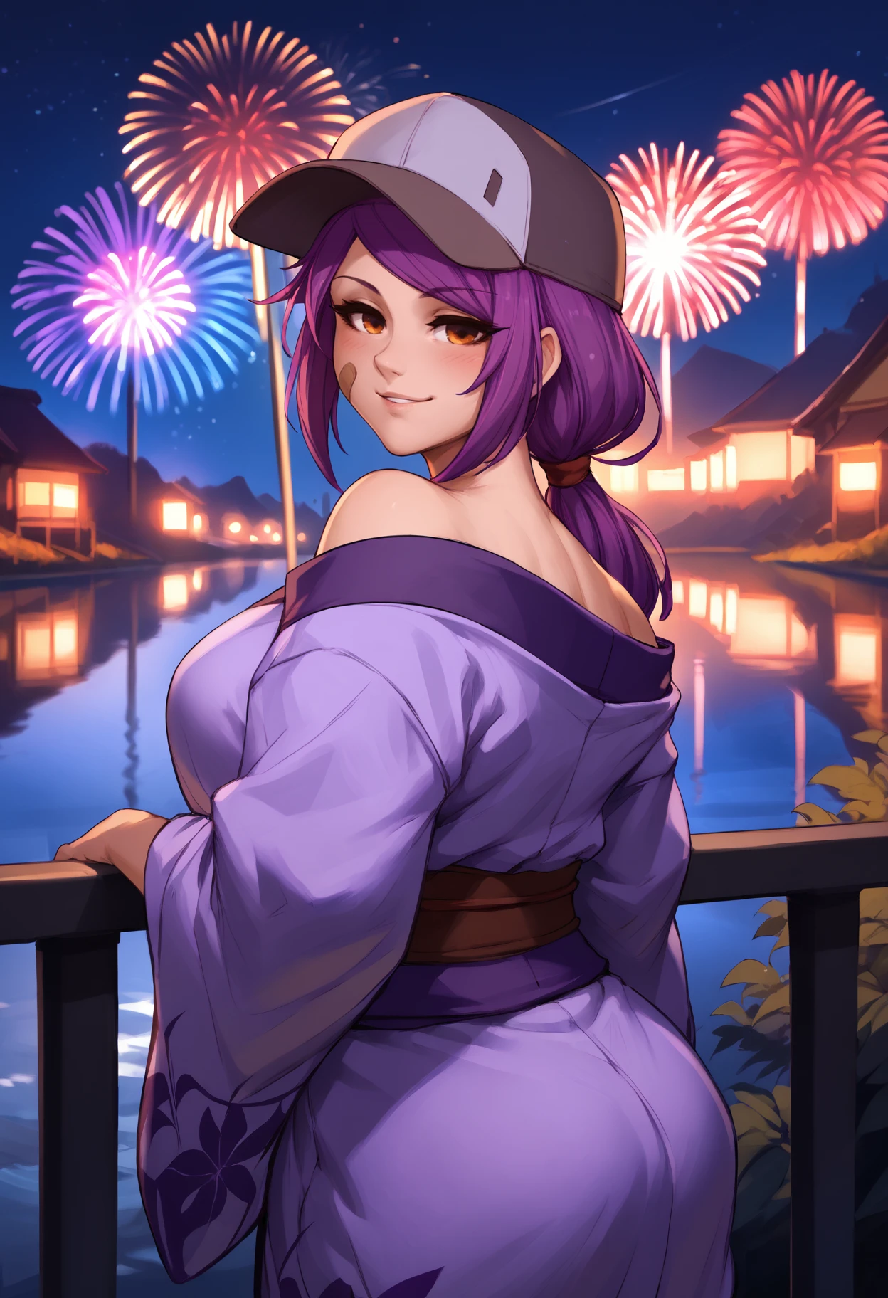 score_9, score_8_up, score_7_up, 1girl, leaairi, brown eyes, single bandaid on cheek, short hair, purple hair, low ponytail, hair ribbon, large breasts, fit, baseball cap, 
purple kimono, off-shoulder kimono,
looking at viewer, looking back, seductive smile, blush, parted lips, bedroom eyes, cowboy shot, rear view, railing,
outdoors, night, dark, fireworks, river, reflection,
<lora:Leah-Airisubaka-PDXL_V2-Manityro-CAME:1.0>,