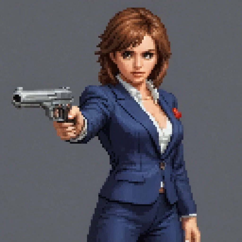 pixelart, a portrait of a female mafioso aiming a gun , 8bit, 16bit