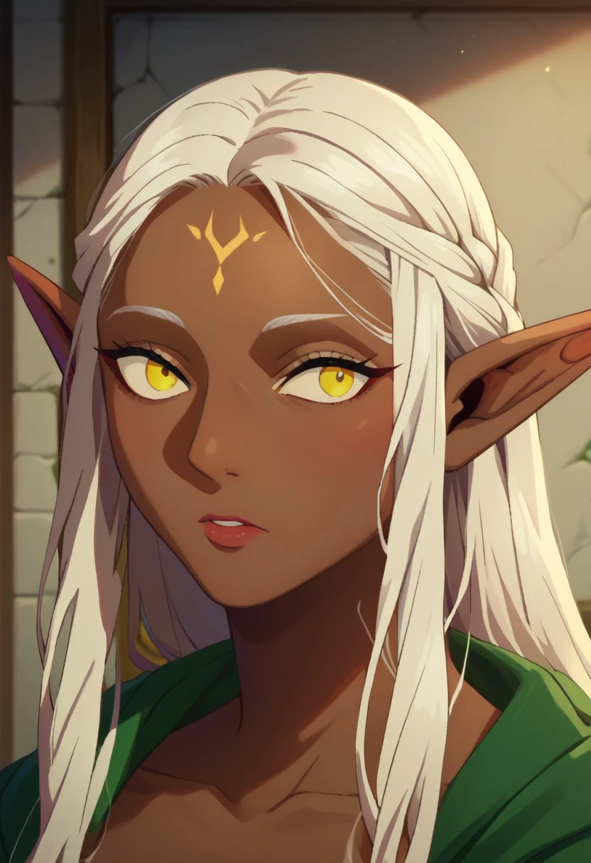 score_9, score_8_up, score_7_up, portrait, beautiful, DMstyle. Dungeonmeshistyle, 1girl Cithis. CithisDM. pointy ears. elf. forehead mark. dark skin. dark-skinned female. yellow eyes. white hair.