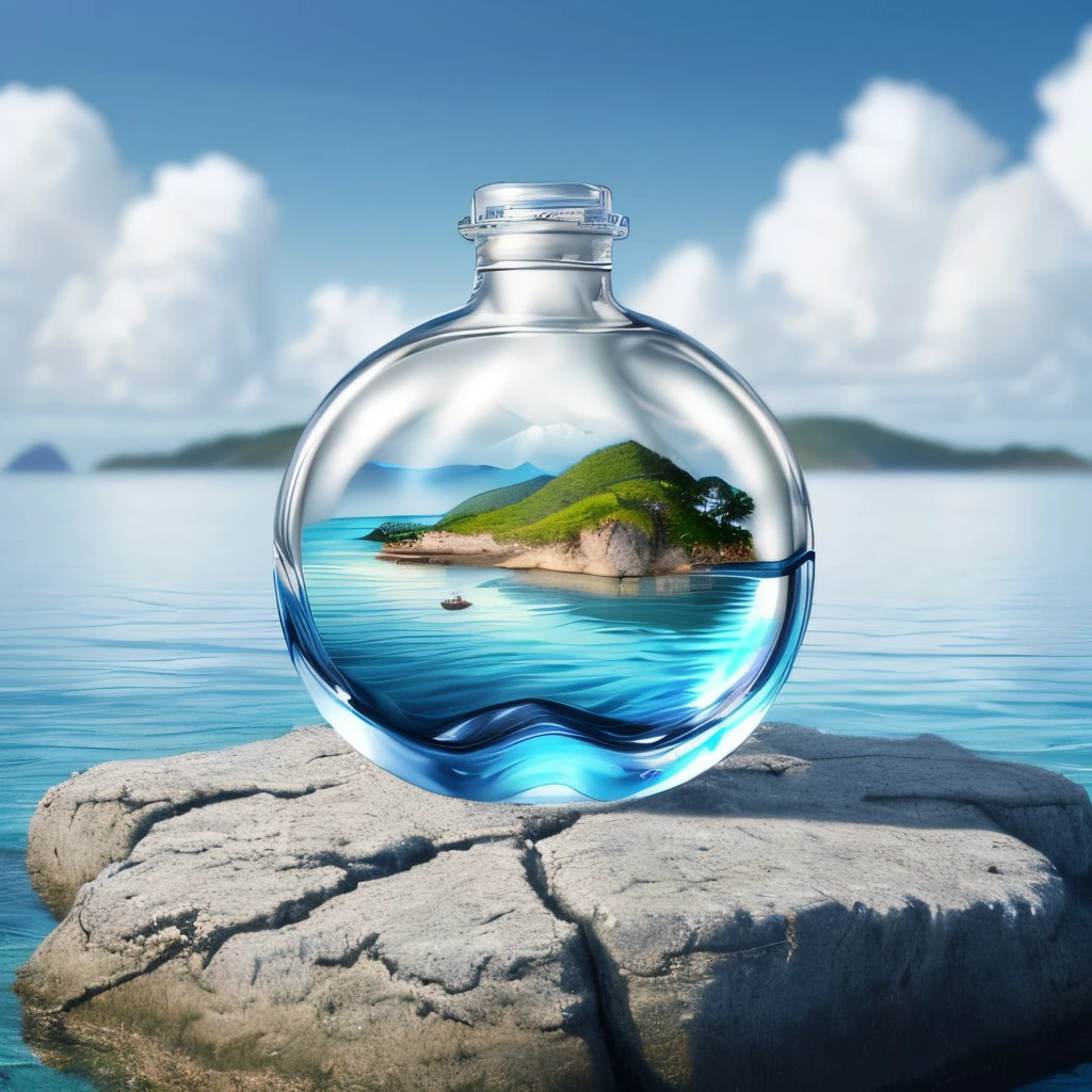 masterpiece, full scale photo, intricate photo, miniature island in a whole transparent lying slim glass bottle, background ocean cloudy sky, hyper realistic, highly detailed, sharp focus, best quality, high resolution, 8K, glassbottle, <lora:GlassBottleNewExp01_1000steps:0.8>