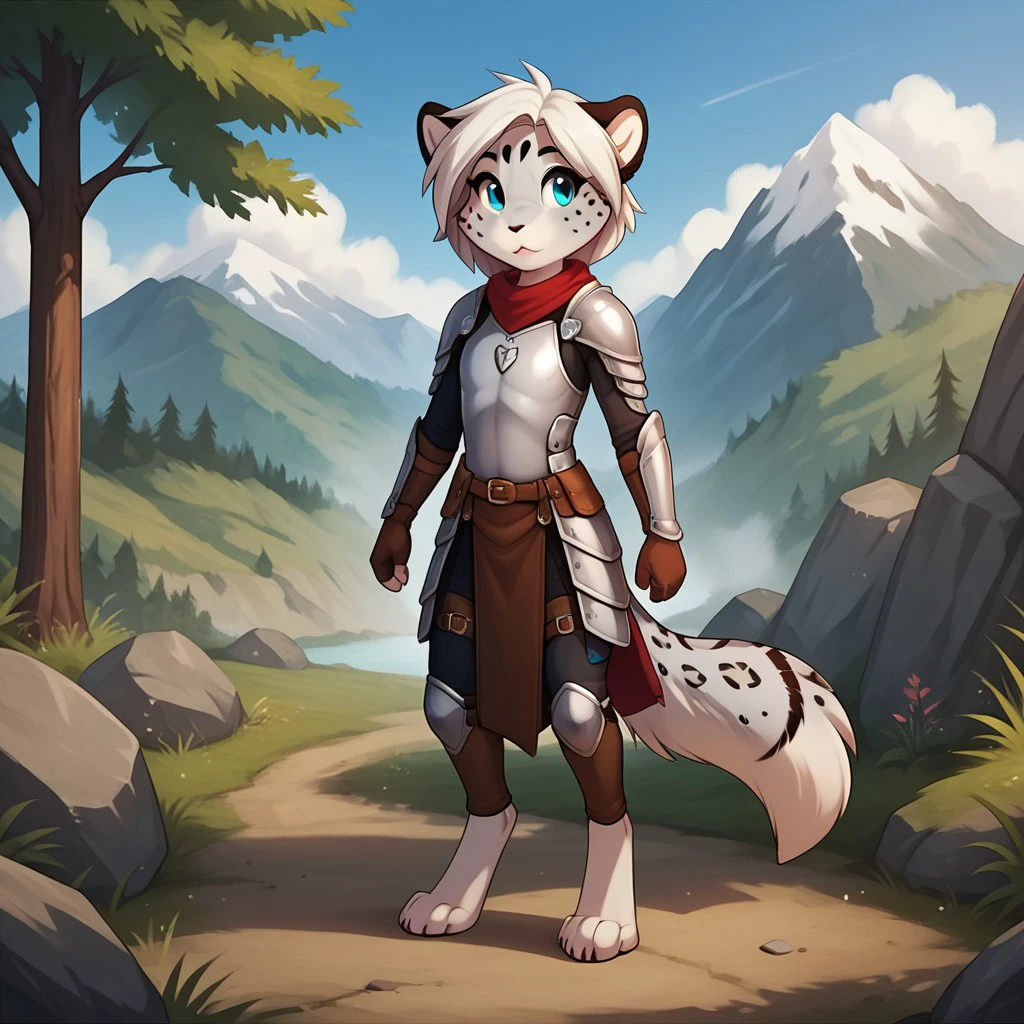 score_9, score_8_up, score_7_up, score_6_up, score_5_up, score_4_up, source_furry, maevetkv2, young anthro, female, snow leopard, blue eyes, grey fur, white hair, digitigrade, barefoot, in the forest, furry,flat chested,1girl,detailed fur, detailed background, outside, young anthro, digitigrade, barefoot, armor, , <lora:33679502-2ae4-4787-94eb-4423783a7859:0.7>