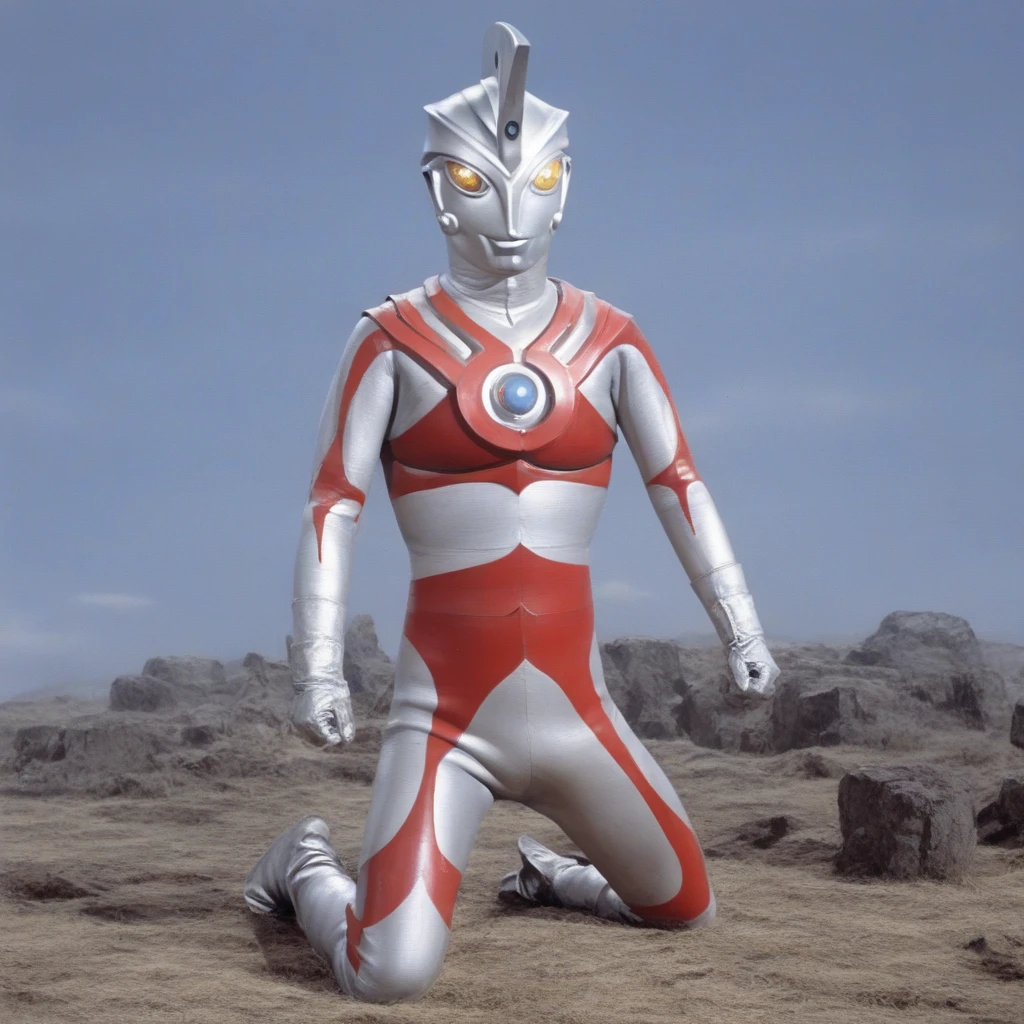 masterpiece,photo realistic,high res,80mm films,4K,giant superhero,Aerial shot, destroyed city, Ultraman Taro's body lying on the rubble, his costume torn in places, dead body, broken corners, silver helmet damaged and tattered, broken and bent limbs, hole in the center of his chest from which blood is pouring out, giant, 40m huge, lean and muscular, 2m people gathered around him