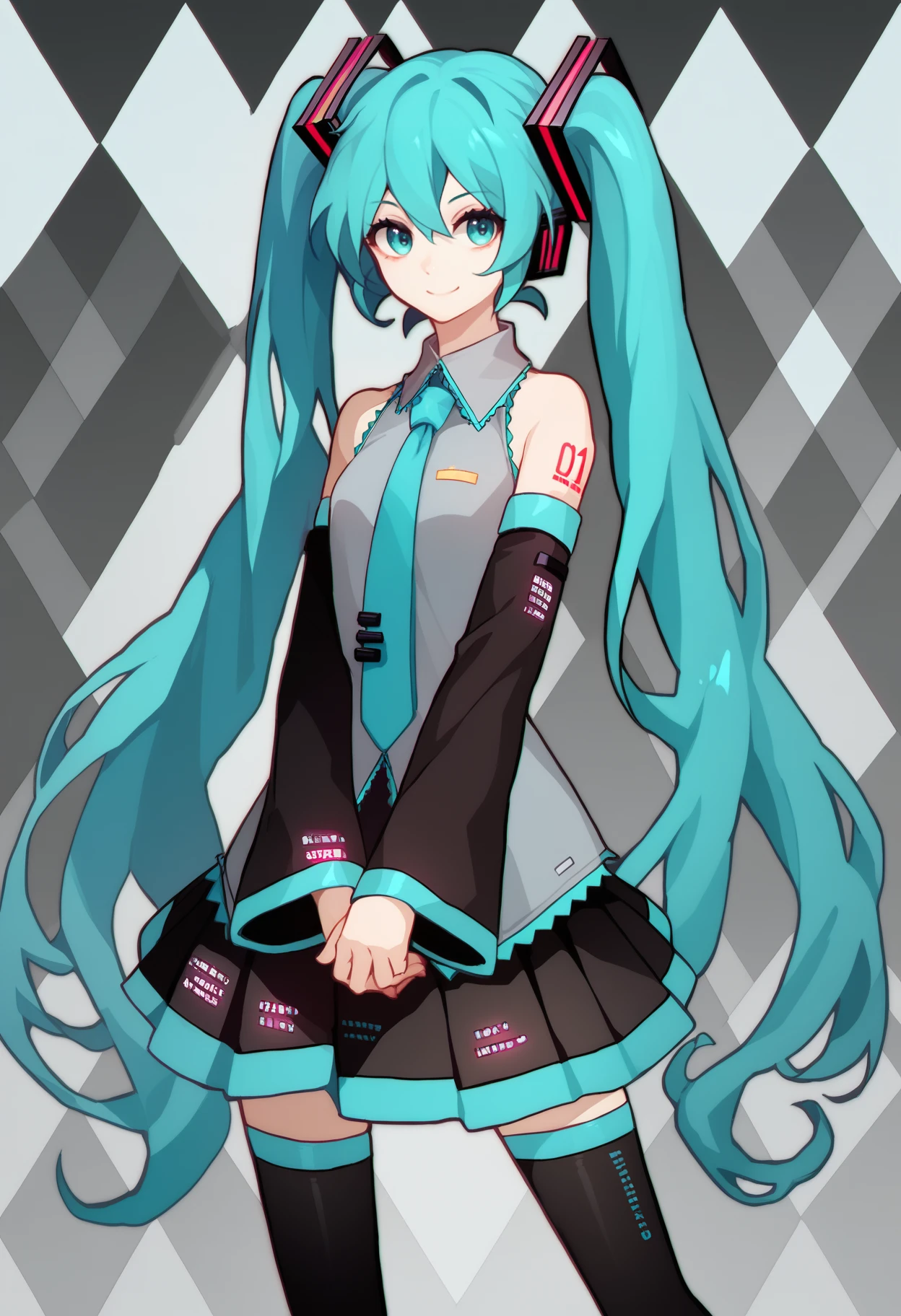 score_9, score_7_up, source_anime, <break> argyle background, solo, 1girl, hatsune miku, smile, looking at you, standing, v arms, aqua hair, twintails, aqua eyes, grey shirt, sleeveless shirt, aqua necktie, black sleeves, detached sleeves, black skirt, black thighhighs
 <segment:yolo-face_yolov8m.pt,0.4,0.5//cid=1>