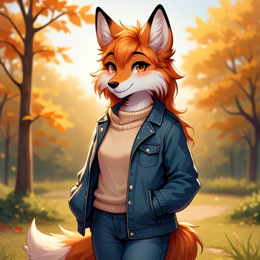 An anthro fox furry girl wearing a sweater and a jeans denim in the park by sunny day. AFG