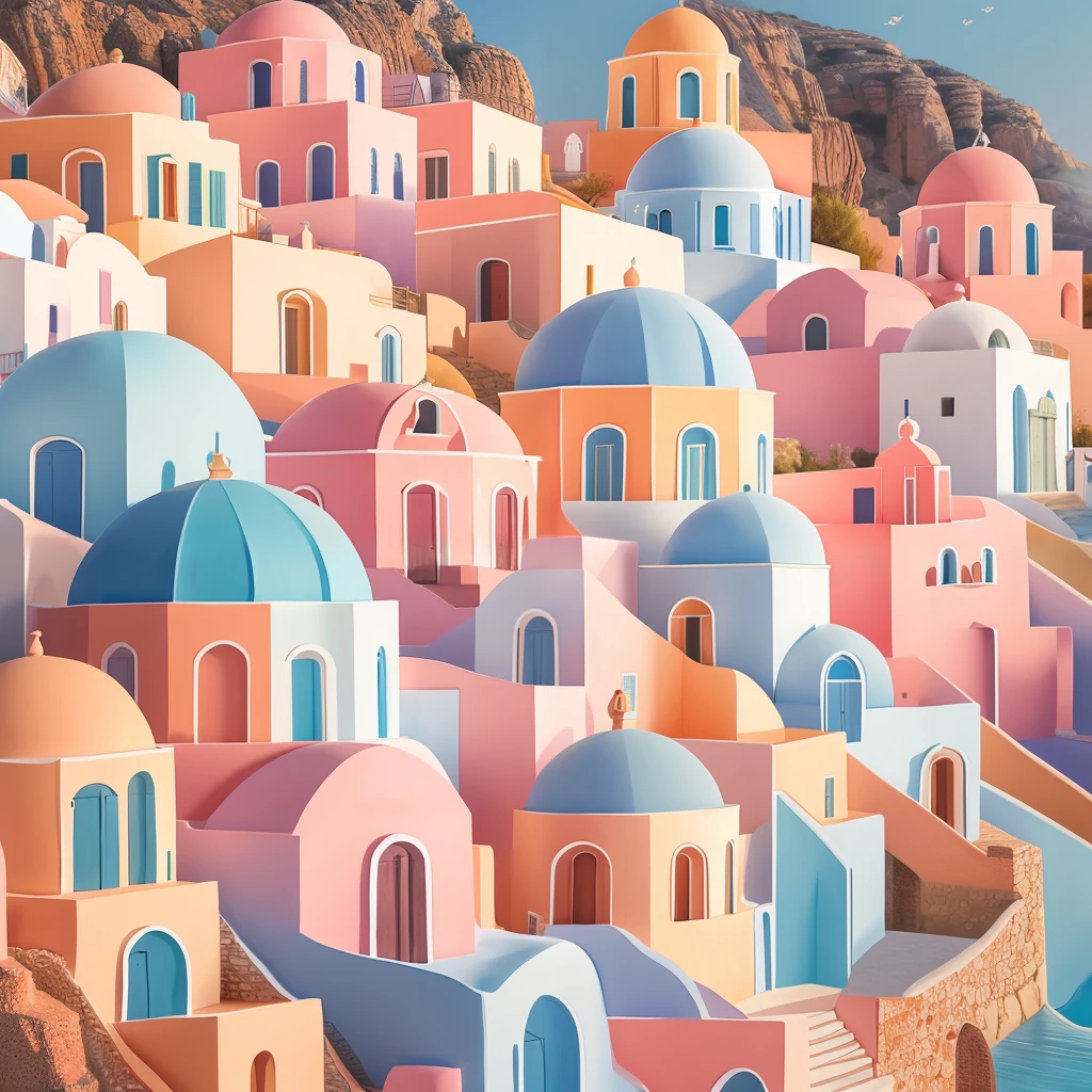 pastel color paper art of a village in greece, 3D, detailed, realistic