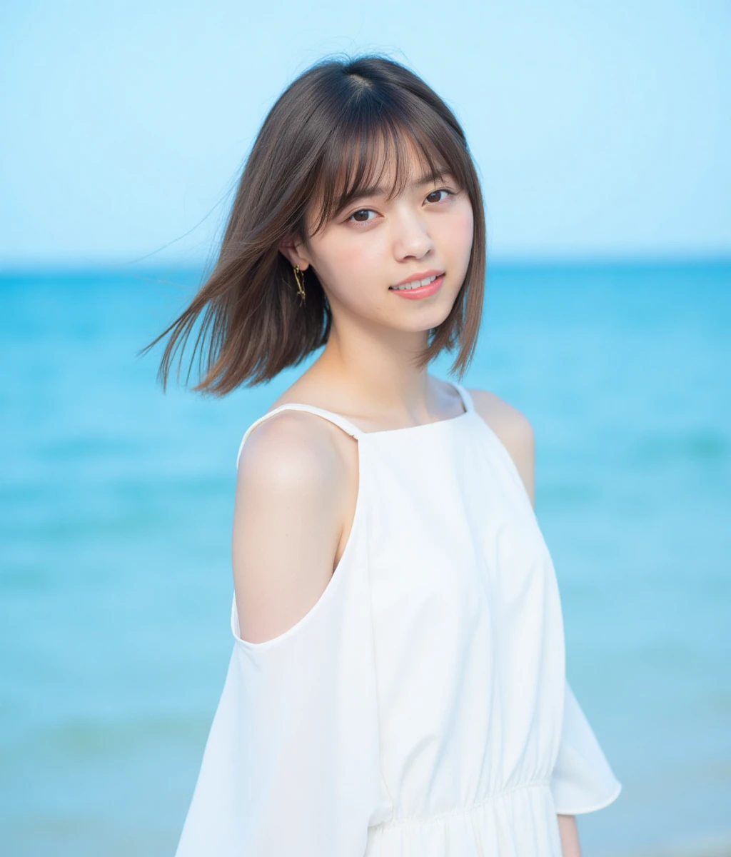 nanase,This picture shows a young woman standing by the seaside, with a blue sea and sky as the background. The character is wearing a white dress, with hair blown by the wind, appearing very natural and relaxed. The overall color tone is fresh and bright, giving people a sense of tranquility and freedom.
From a photography perspective, this photo utilizes natural light to enhance the softness of the image. The color of the sea and sky in the background contrasts sharply with the white dress of the characters, making them the focal point of the picture. In terms of composition, the character is located in the center right of the picture, which conforms to the principle of thirds composition and increases the balance and beauty of the picture.