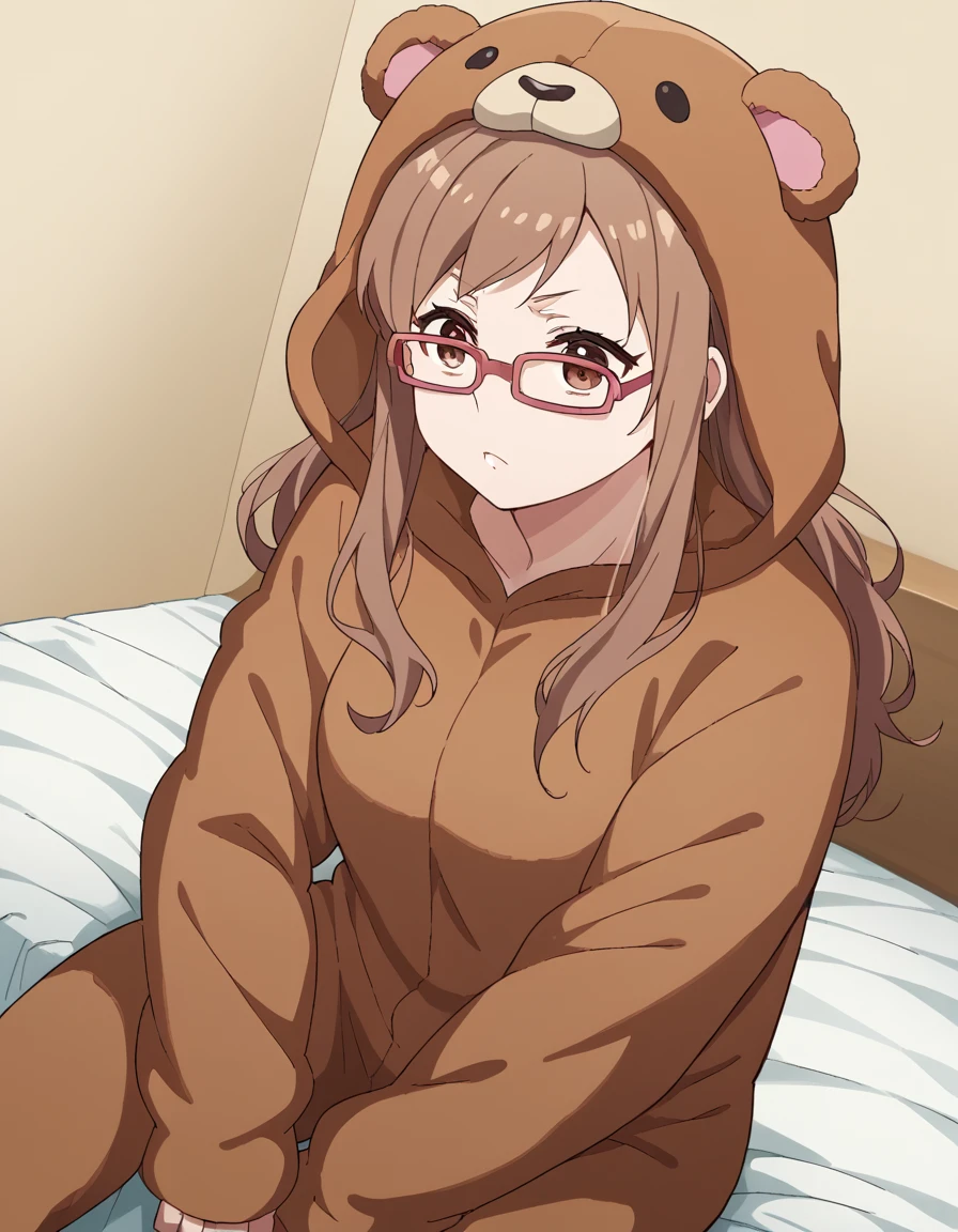 score_9, score_8_up, score_7_up, source_anime, <lora:miyu-shinohara-s1-ponyxl-lora-nochekaiser:1>, miyu shinohara, long hair, brown hair, brown eyes, glasses, medium breasts,, <lora:kigurumi-ponyxl-lora-nochekaiser:1>, kigurumi, animal hood, animal costume, cosplay, rabbit costume, dragon costume, bear costume, dinosaur costume, sheep costume, cat costume, dog costume, panda costume, tiger costume,, indoors, bed, bed room, sitting, , cowboy shot, dutch angle,