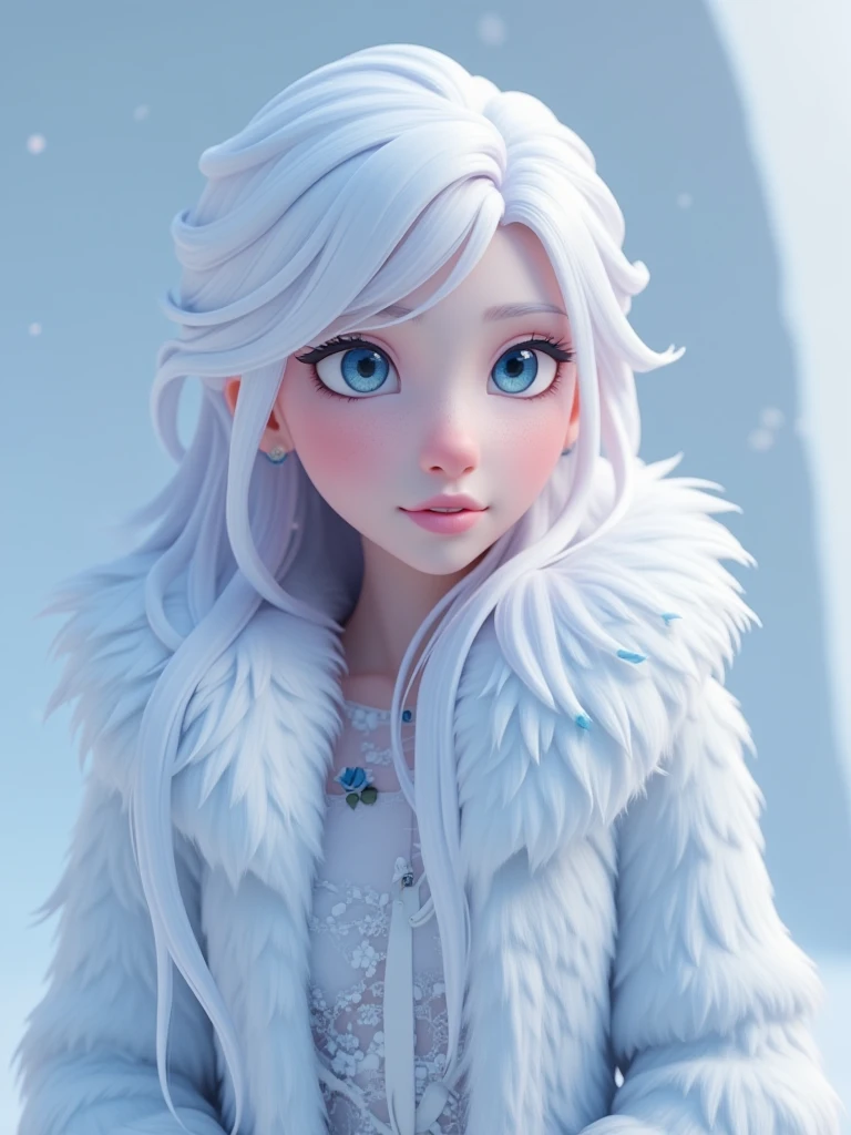 3d animation style,(Metallic gray, soft pink and soft blue color palette). ((( metallic soft white shade hair color))), (((multicolored hair, [soft gray, soft pink and soft blue hair color]))),voluminous hair, very long hair, 
BREAK
white fur coat, coat with fur, fur around neck, big fur around neck, fur robe, long fur robe, (((opening fur coat:1))), bright white fur, hugging fur,
BREAK
(1girl, a dream-like beauty, albino, white long hair, very long hair, white lace dress under fur coat, mini dress, light blue full lips, light blue nails, light blue roses, ice and snow, Rendered in hyper-realistic detail, the image is smooth and sharp, with every element captured with crystal-clear precision and lifelike clarity.), 