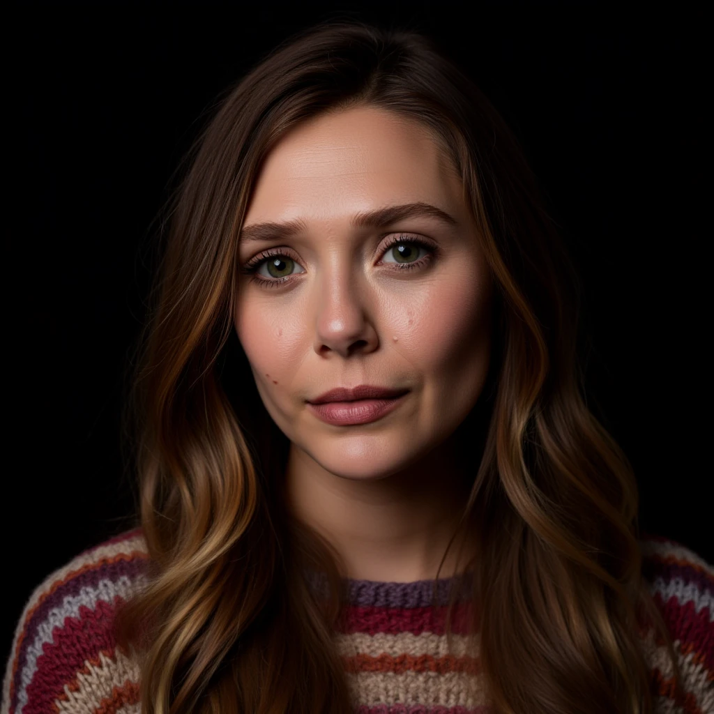 A closeup portrait photo of a woman with medium length hair who gazing directly at the camera with a neutral expression. She is wearing a multicolored knitted sweater against a dark background. Spotlight illumination., ,  <lora:eliolsen_2017_local_164_merger_20v1_8v2_34v2_03_03_04:1>