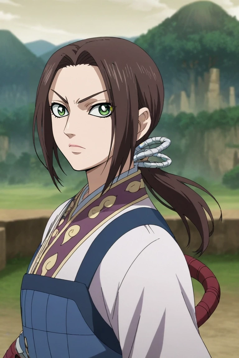 score_9, score_8_up, score_7_up, , rating_safe, intricate details, anime screencap, anime coloring, , looking at viewer, depth of field, 1girl, solo, <lora:kaine_kingdom_pony:0.98>, kaine_kingdom, brown hair, green eyes, long hair, ponytail, from side, floating island, dark, holding weapon, sparkling eyes, , <lora:sdxl_lightning_8step_lora:1>