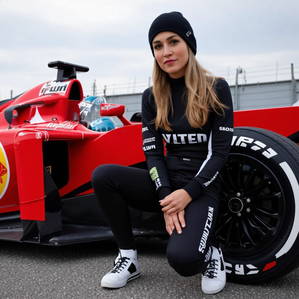 A professional portrait of carmen_jorda, a Formula 1 driver, captured in a side profile. She is wearing a black racing suit with sponsor logos, sits beside a red Formula 1 car. The car displays various sponsor logos and text, including 'FLUX' The female driver has long blonde hair and wears a black beanie, white sneakers. The setting is a racetrack with a clear sky and a metal fence in the background. The image's color palette is dominated by red, black, and white.