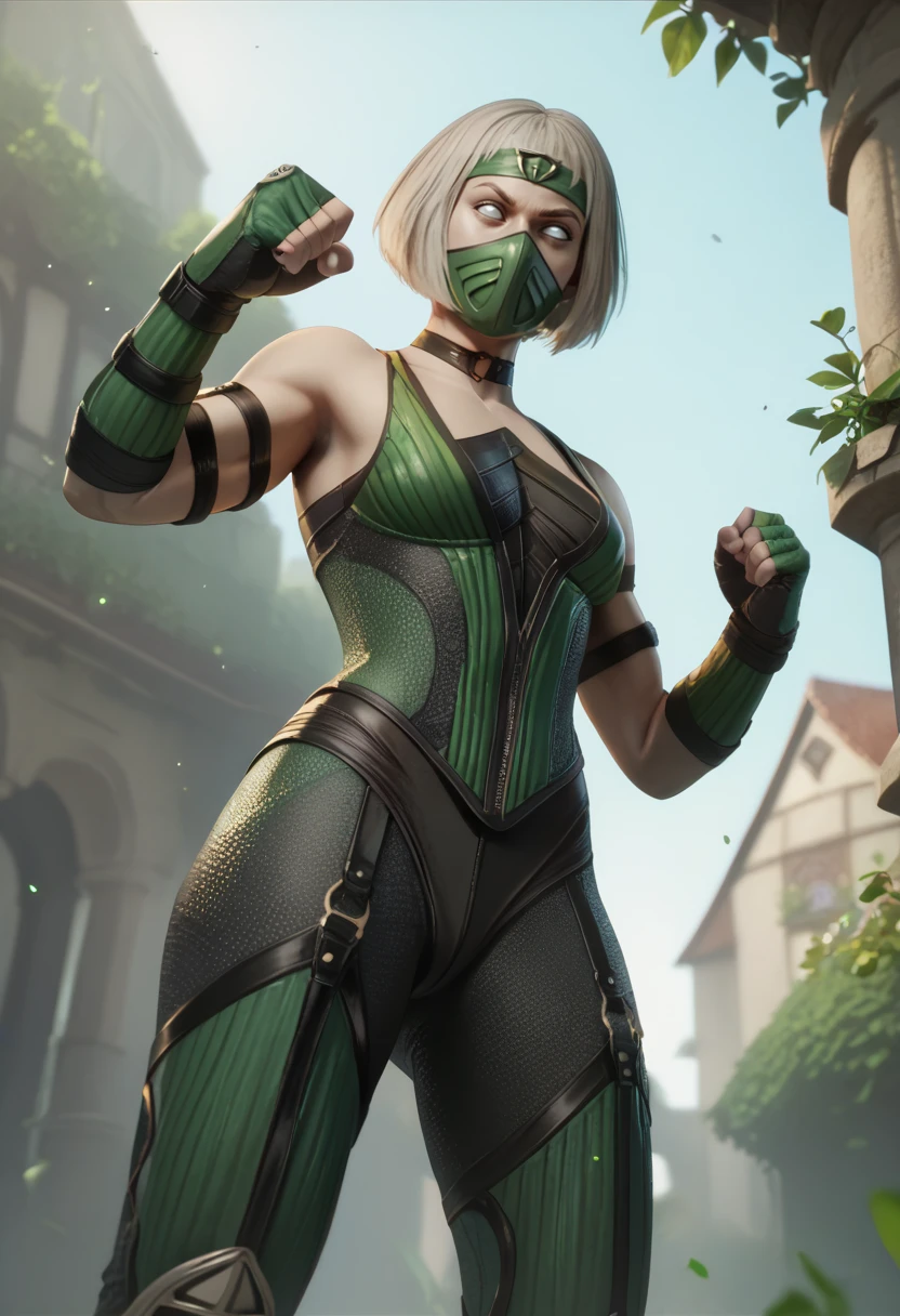score_9,score_8_up,score_7_up,score_6_up,
khmlnxl,white eyes,white hair,bob cut,
mouth mask,
green and black bodysuit,green headband,bare shoulders,green fingerless gloves,choker,
outdoors,garden,fantasy,clenched hands,from below,
fighting stance,solo,
<lora:KhameleonXL:0.9>,