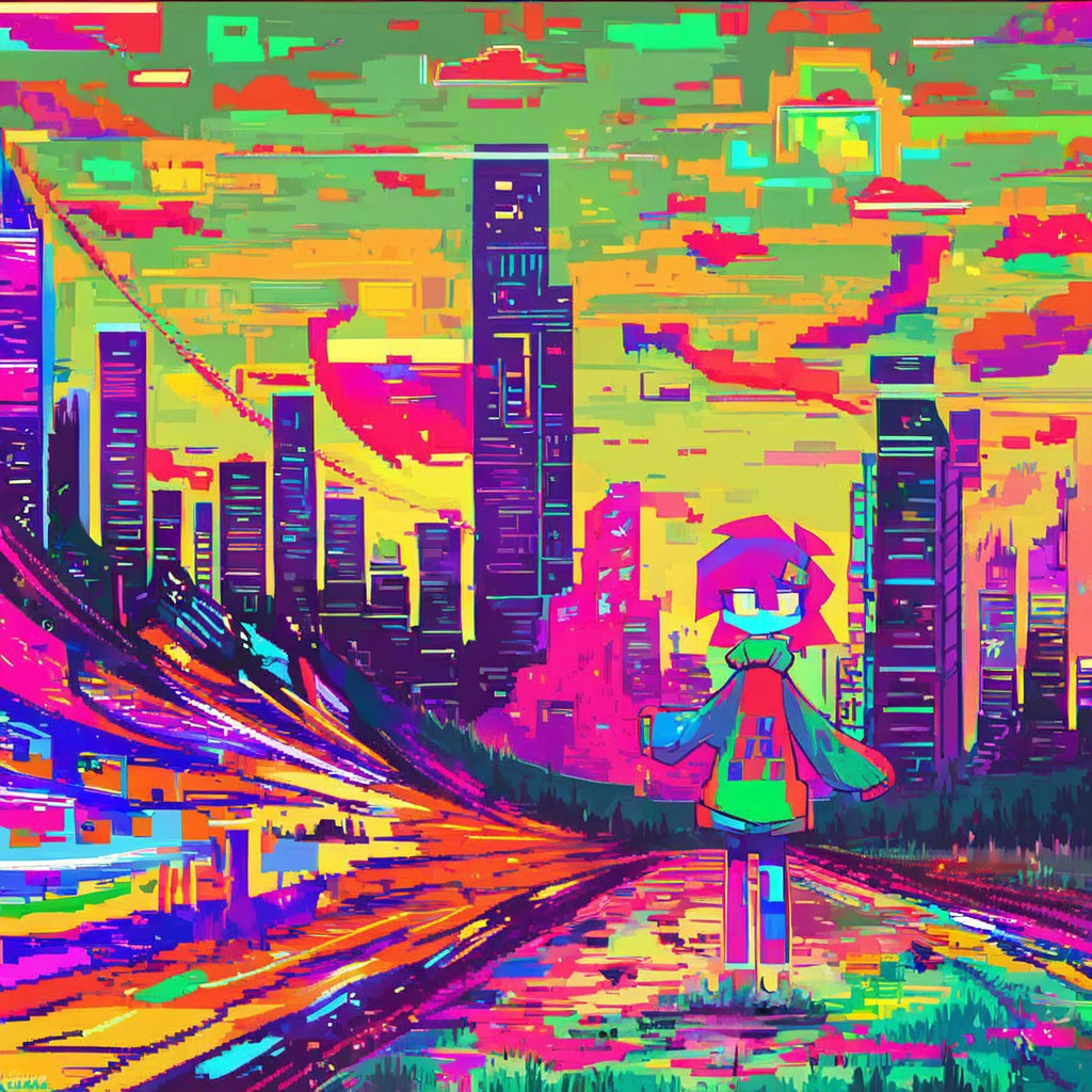 score_9, score_8_up, score_8,1girl,looking at viewer,full body shot,sleeves,full body,:d,glitch art,glitching,glitch,scanlines,monochrome,outdoors,power lines,wide shot,reddish sky,grass,hill,expressionless,x hair ornament,city lights in background,city in background,skyscraper in background,skyline,stylish,dark theme,palesketch