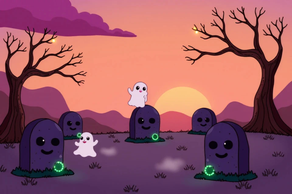 <lora:Rugrats_Style_FLUX:0.9> rugrats_style, a spooky yet adorable graveyard at sunset. The sky is a soft blend of oranges, pinks, and purples, casting a warm glow over the scene. Cute, rounded tombstones with smiley faces are scattered around, their edges adorned with glowing mushrooms and playful vines. Ghostly wisps float gently above the ground, their translucent forms resembling friendly little spirits with wide, curious eyes. In the background, crooked, cartoonish trees sway gently in the breeze, their branches decorated with tiny, twinkling fairy lights. A gentle fog rolls across the ground, adding to the enchanting and eerie atmosphere.