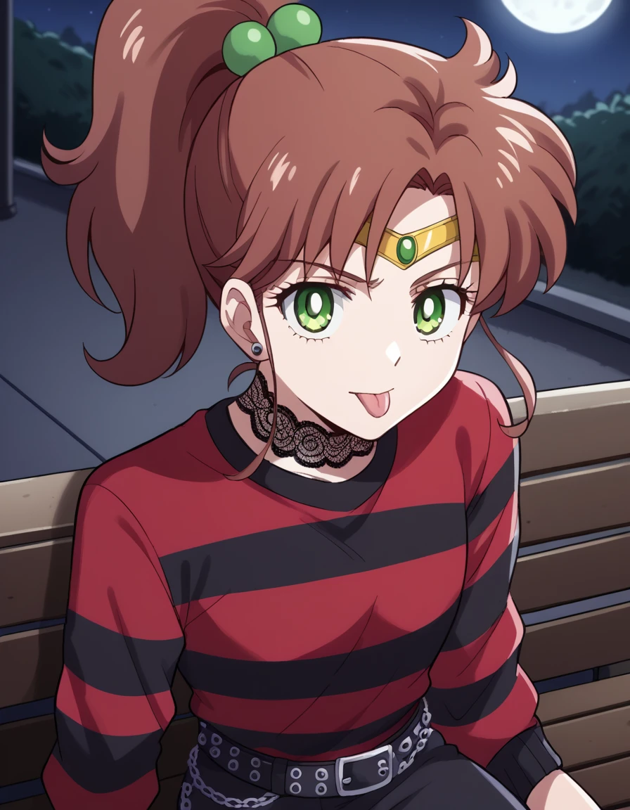 score_9, score_8_up, score_7_up, source_anime, <lora:makoto-kino-eternal-movie1-ponyxl-lora-nochekaiser_r1:1>, makoto kino, brown hair, circlet, green eyes, hair bobbles, hair ornament, medium hair, ponytail, sidelocks, parted bangs,, <lora:emo-fashion-ponyxl-lora-nochekaiser:1>, emo fashion, torn sweater, two-tone sweater, sweater under shirt, striped sweater, lace-trimmed choker, belt chain, red sweater, black sweater, goth fashion, street, night, moon, sitting, bench, from above, tongue out, cowboy shot, looking at viewer