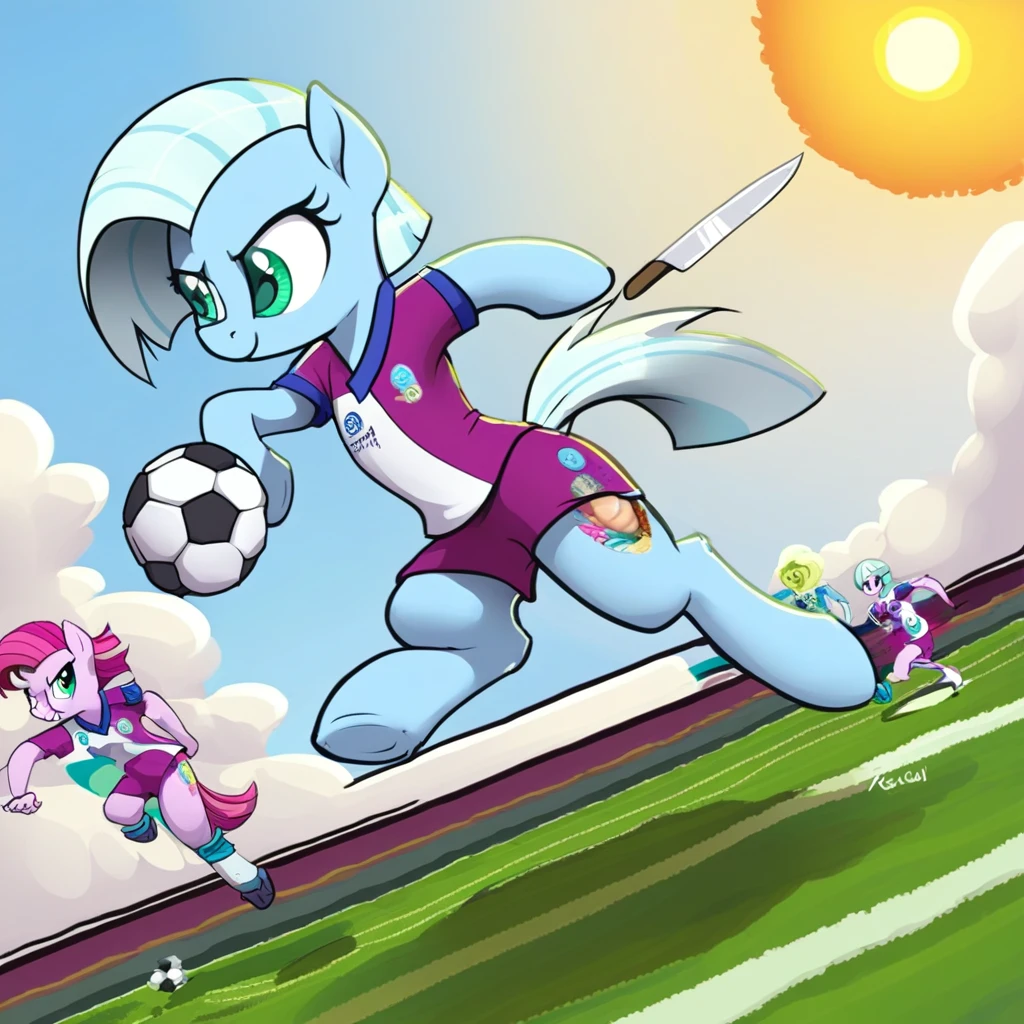 score_9, score_8_up, source_cartoon, flat color, mlp, tracy cage, anthro, pony, cyan skin, green eyes, white hair, short hair, knife, running, soccer uniform, soccer ball, soccer field, sky, sun, sfw