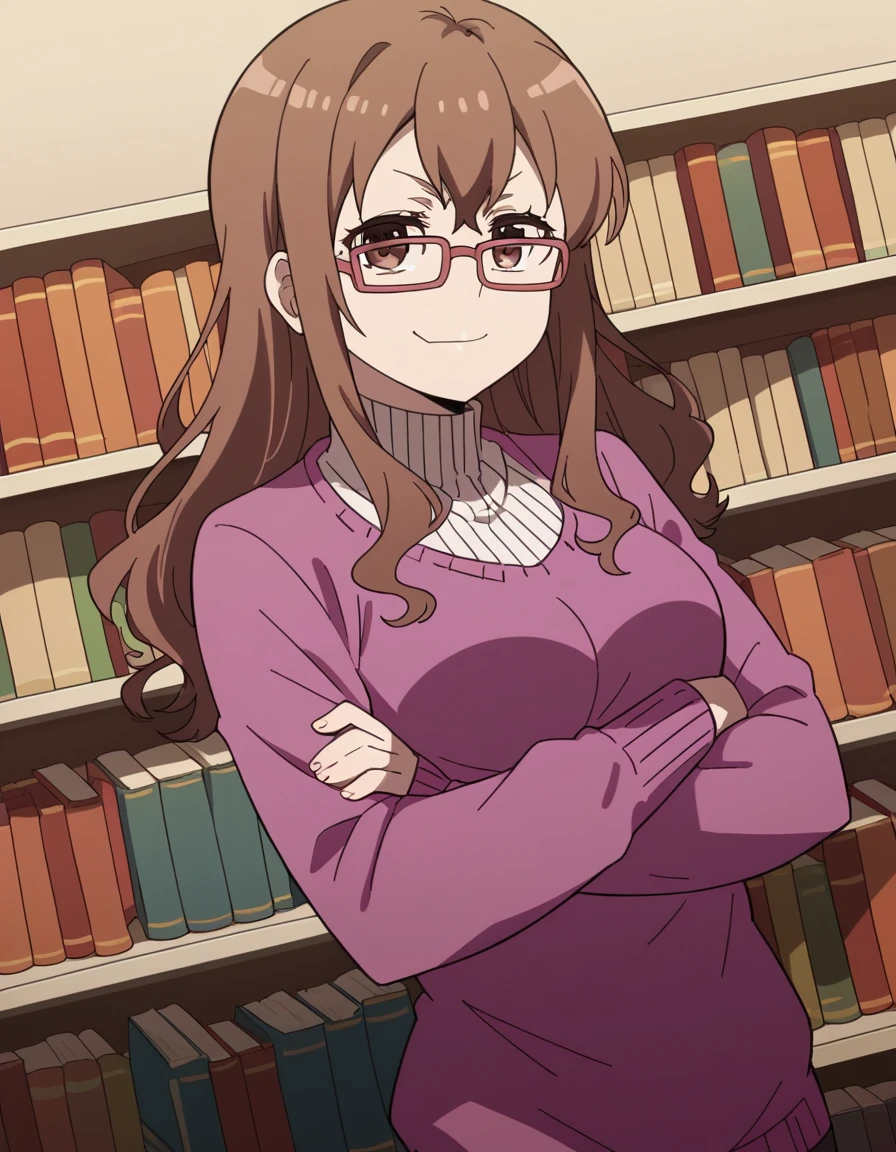 score_9, score_8_up, score_7_up, source_anime, <lora:miyu-shinohara-s1-ponyxl-lora-nochekaiser:1>, miyu shinohara, long hair, brown hair, brown eyes, glasses, medium breasts,, dress, pantyhose, sweater, pink sweater, long sleeves, library, reading books, glasses, quiet, focused, shelves of books, , looking at viewer, crossed arms, smug, solo,, cowboy shot, dutch angle,